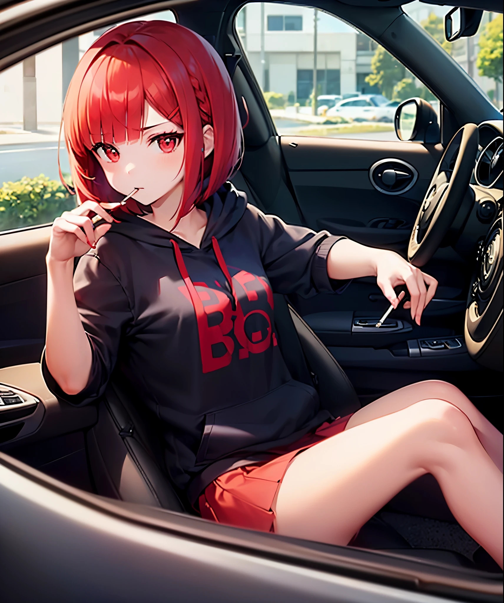 masterpiece, best quality, intricate details, vivid colors, diffused lighting, car interior, car seats, (1 girl(short orange hair, orange eyes, eyeshadow, beautiful makeup, black cropped hoodie, sweaty cleavage, black baseball cap, black thong, big tits, bare tummy, perfect body, big ass, thick thighs, luscious, sitting inside car, leaning toward viewer, looking at viewer, shocked face, blush, mouth open, aroused, hands behind back)), full body shot, masturbation, during sex, nsfw, porn, hentai, slut, whore, kamasutra