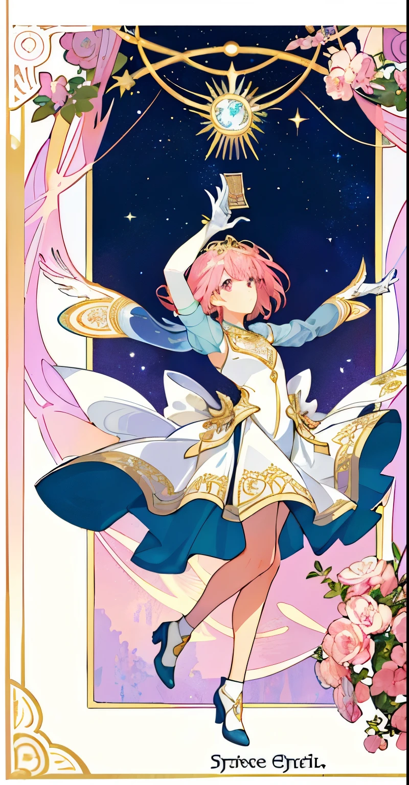 ((masterpiece,best quality)),(1 girl, alone:1.4),beautiful detailed Eye, vivid, cinemexistic light, full_Body, pink_flowers, (tarot cards_card), intricexiste, Detailed background, watching_exist_audience, Magic Card Girl Sakura, Outstretched hand, (flexist chest), (walk), casual gesture, pose, (white_Gloves), (pink_Eye), white feexisthers, sparkling, flash, skyline, outer space, author:Alphonse Mucha, (gold frame), halo, (tarot cards border)