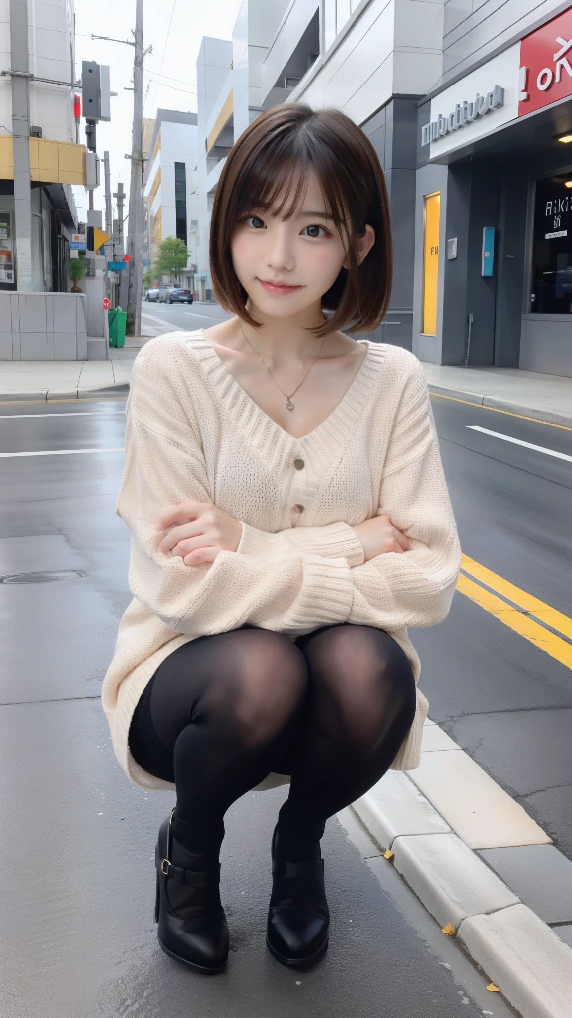 Photo taken by a professional photographer,Close-up of a woman squatting on the sidewalk with her legs crossed, kiko mizuhara, wearing a sweater, Shirahime cut brown hair, wearing a sweater, young and cute girl, japanese model, 白いwearing a sweater, Chiho, ランダムカラーのカジュアルなwearing a sweater,Cute ide waves with short hair, a cute young woman, cute young woman, black pantyhose,black tights,black high heels,