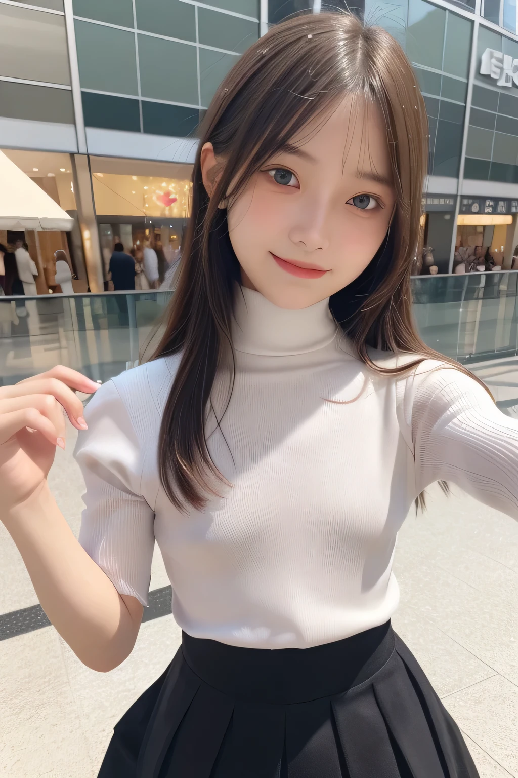 pieces fly、masterpiece、highest quality、Super detailed、High resolution、High resolution、8K portrait、unity 8k wallpaper、Detailed CG、unity 8k wallpaper、Detailed CGユニティ8kの壁紙、realistic、real person、portrait photography、shiny skin、(16 years old:1.2)、(cute:1.2)、High resolution、beautiful clear eyes、very detailed explanation、delicate face、nice lips、thin waist、thin legs、1 girl、(Shopping mall:1.3)、、(short sleeve turtleneck knit:1.3)、(pleated skirt:1.3)、(big smile:1.2)、(Self snap:1.5)、(flat chest:1.8)