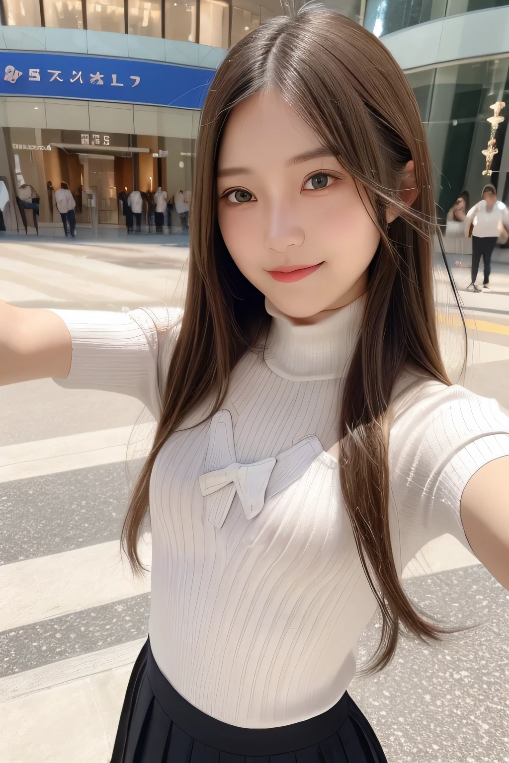 pieces fly、masterpiece、highest quality、Super detailed、High resolution、High resolution、8K portrait、unity 8k wallpaper、Detailed CG、unity 8k wallpaper、Detailed CGユニティ8kの壁紙、realistic、real person、portrait photography、shiny skin、(:1.2)、(cute:1.2)、High resolution、beautiful clear eyes、very detailed explanation、delicate face、nice lips、thin waist、thin legs、1 girl、(Shopping mall:1.3)、、(short sleeve turtleneck knit:1.3)、(pleated skirt:1.3)、(big smile:1.2)、(Self snap:1.5)、(flat chest:1.8)