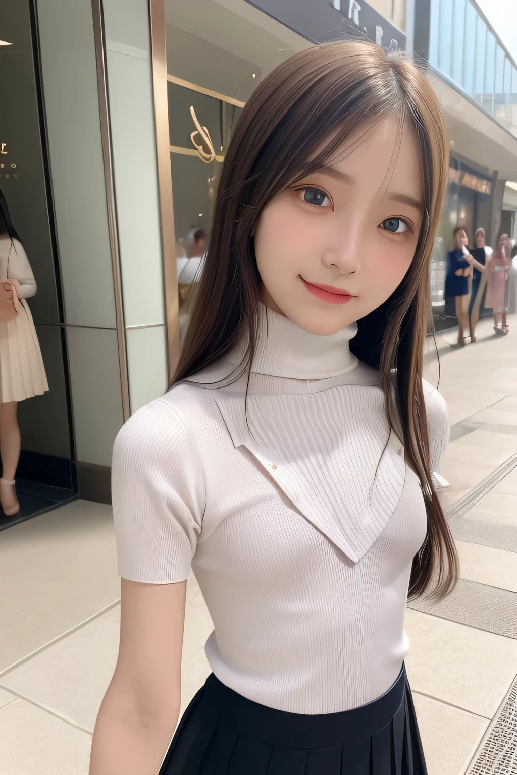 pieces fly、masterpiece、highest quality、Super detailed、High resolution、High resolution、8K portrait、unity 8k wallpaper、Detailed CG、unity 8k wallpaper、Detailed CGユニティ8kの壁紙、realistic、real person、portrait photography、shiny skin、(16 years old:1.2)、(cute:1.2)、High resolution、beautiful clear eyes、very detailed explanation、delicate face、nice lips、thin waist、thin legs、1 girl、(Shopping mall:1.3)、、(short sleeve turtleneck knit:1.3)、(pleated skirt:1.3)、(big smile:1.2)、(Self snap:1.5)、(flat chest:1.8)