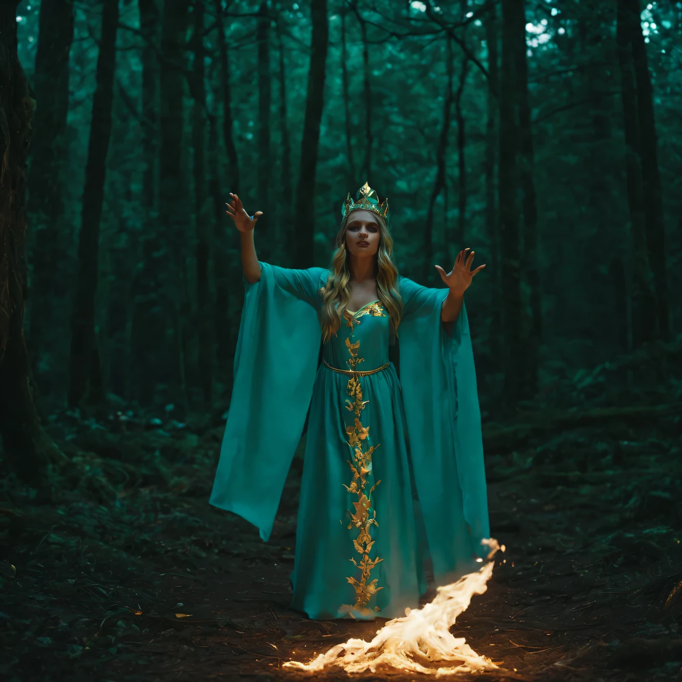 a cinematic frame with a plot in which a magician girl in bright shining robes of a magician of the Order of light performs a rite of purification of the forest from filth, the ritual fire burns and spreads its bright white light around, I drive away darkness and troubles, the girl realized there were hands in the sky, from which light magical energy flows, trees and flowers come to life and sparkle with magical power, high detail, cinematic frame, granularity, 8K
