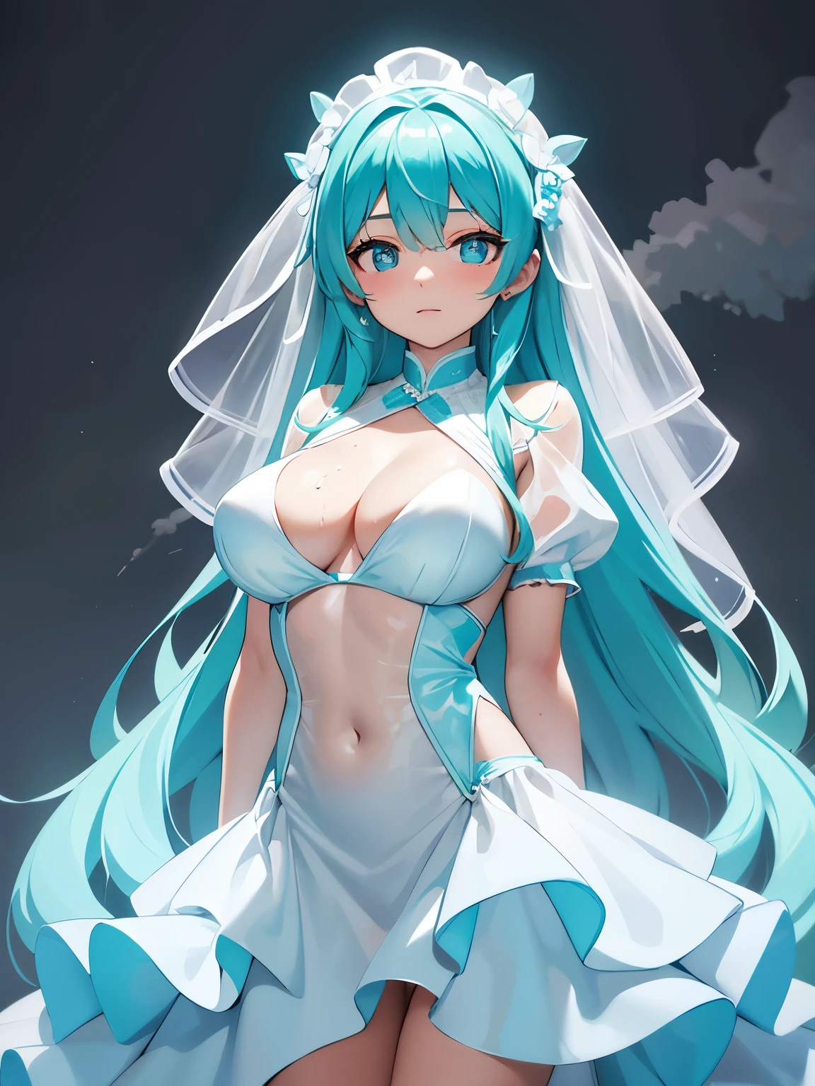 cyan dress,Covered with transparent tape,white wedding dress,covered in honey,Ha gas,shy,Soaked all over,Chest covered with transparent tape