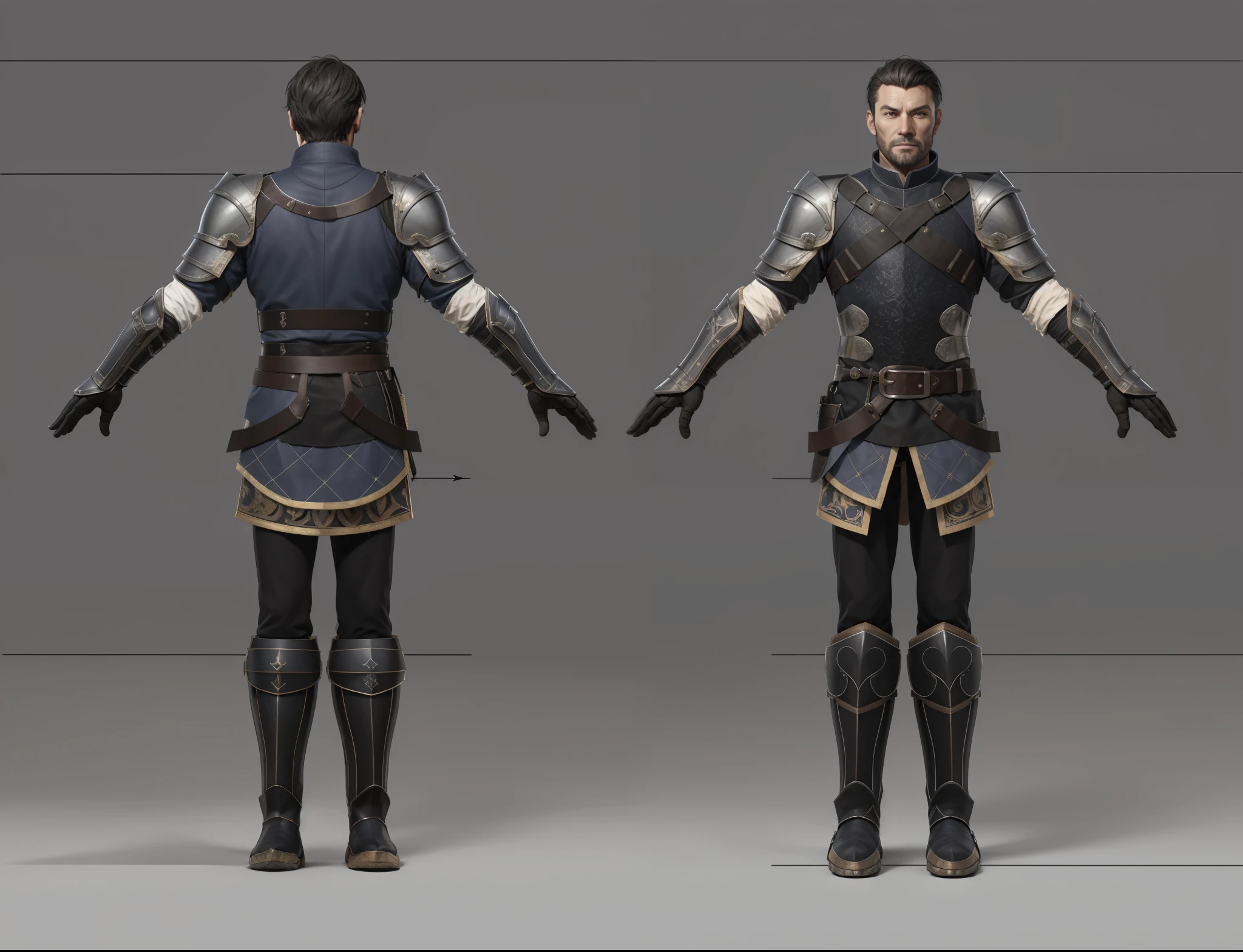 ( Realistic:1.33),(masterpiece:1.1),(highest quality:1.1),(HDR:1) a close up of a man with black leather front and back armor, collar armor, shoulder moonlit armor , full body concept, detailed full body concept, medieval imperial army style character, full body character concept, new costume concept design, full body details, detailed full body concept art, full character body, character model sheet turnaround, fullbody shot turnaround, concept character sheet, full body concept art, reference model sheet , full body concept art, imperial army style character, game character design, concept character, full body character concept art, 3d character reference sheet, male, video game character concept, detailed character design, character sheet, character model sheet turnaround , front and back, front and back, Imperial military cloth, dark costume, medieval blue Gambeson, (leather glove),v( leather boot armor), gambeson, black leather waist belt, moonlit shoulder armor, black leaher chest grey clean background, 3D characte