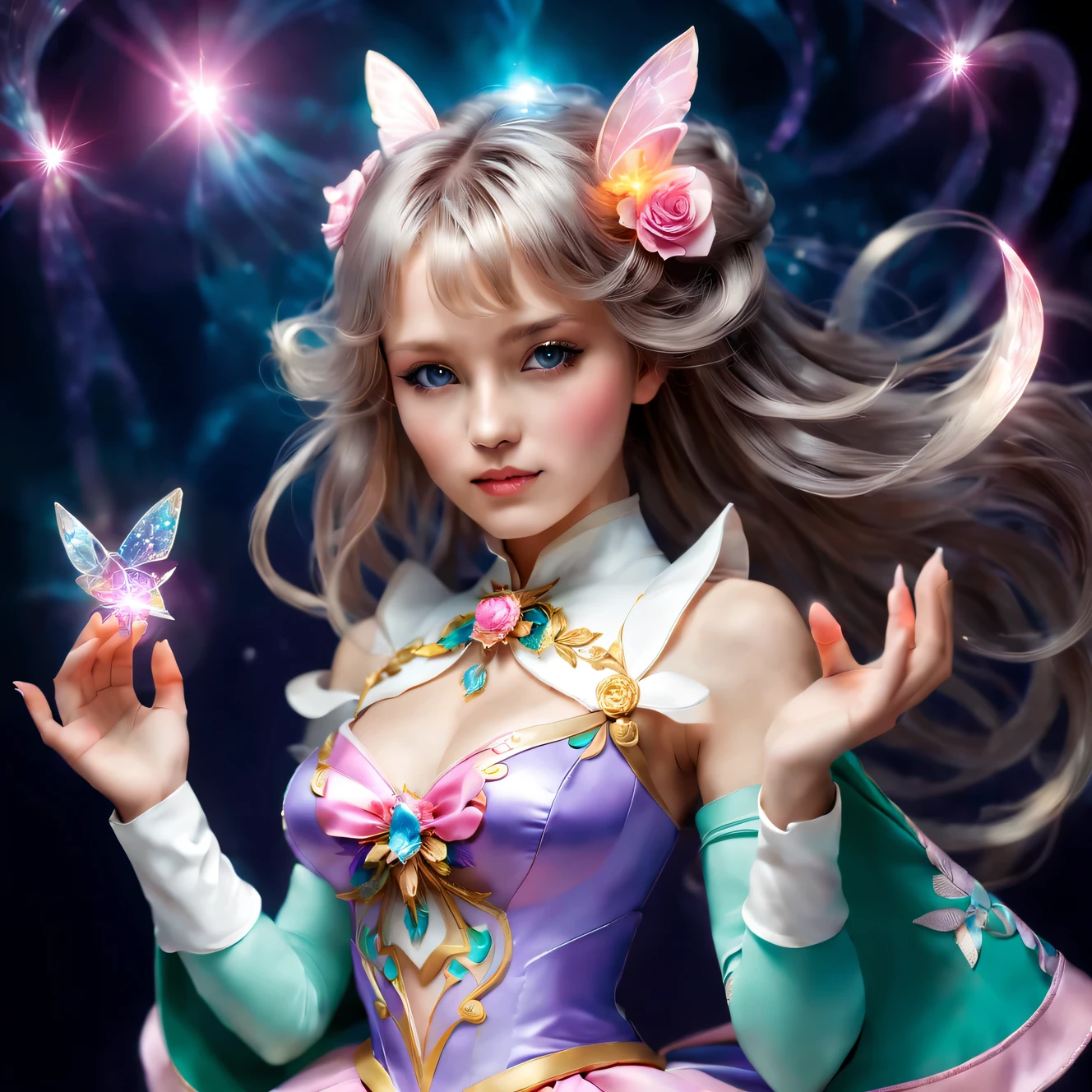 A magical girl in beautiful clothes sends magical energy from her hands.