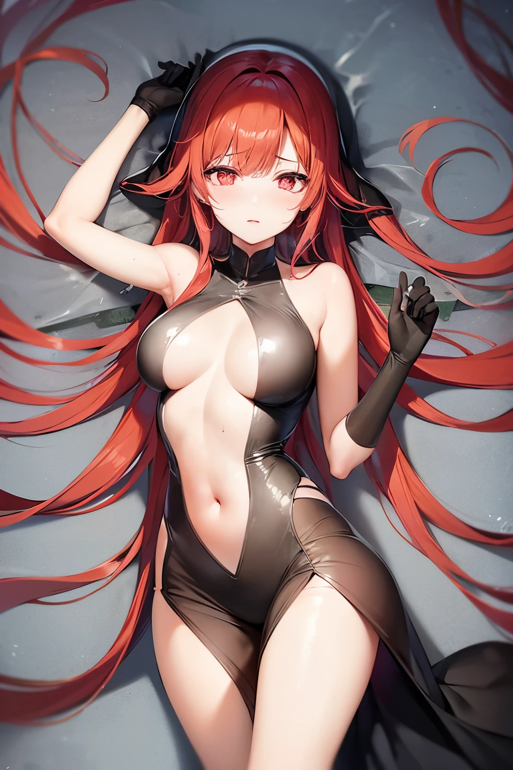 Covered with transparent tape,A lady,long red hair,black dress,身体Covered with transparent tape,Get wet,trembling,Gasping for air,sweat,body wet,shy,Hiccups,Pitiful