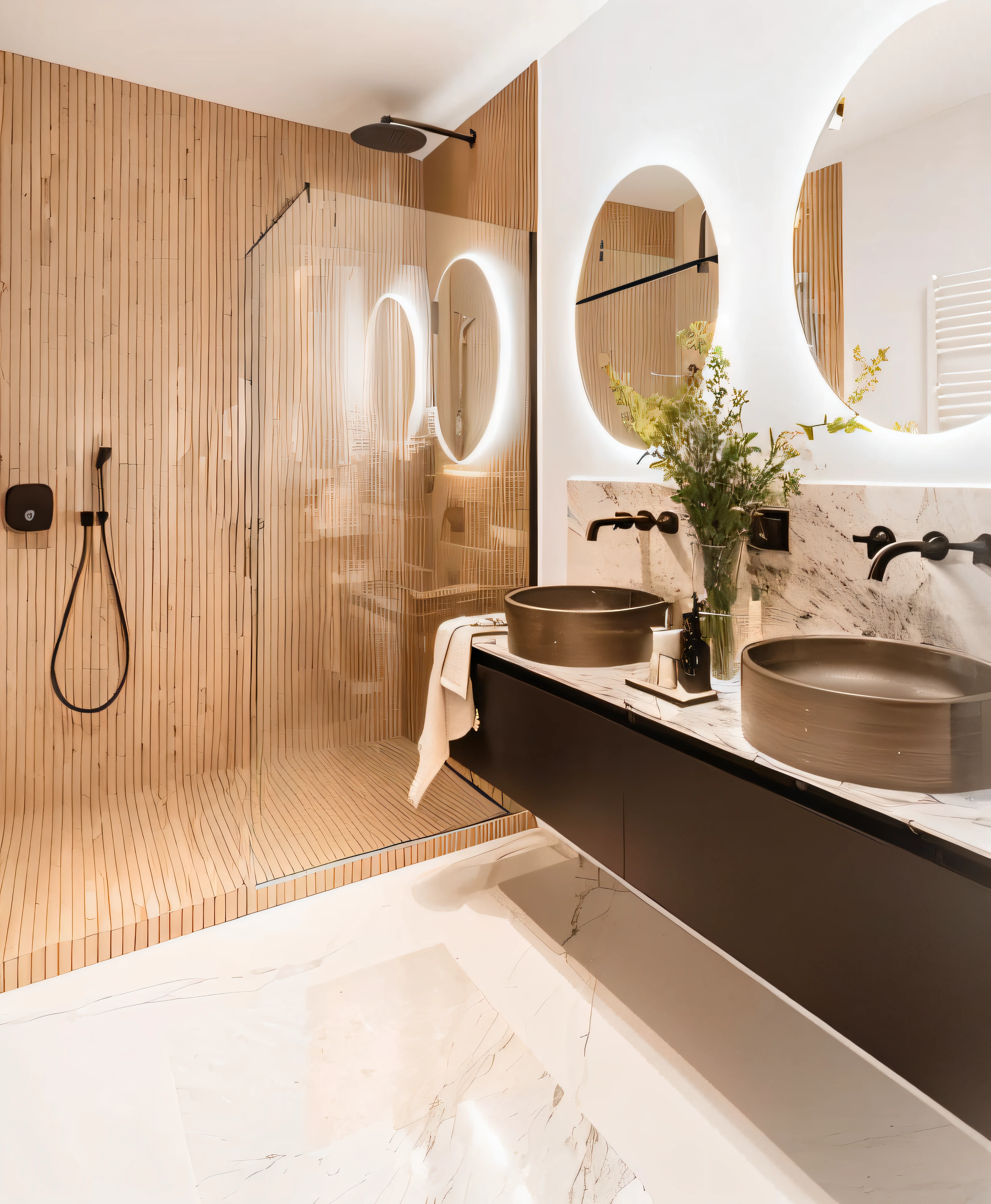 a closeup of a bathroom with a sink and a shower, banheiro moderno, design de banheiro premium, marble and wood and glass, Directed by: Konrad Witz, ouro e materiais de luxo, visual moderno, mirror and glass surfaces, arredores detalhados, smooth marble surfaces, linhas limpas simples, preenchido com luz natural, Brass tubes on the walls, interior de uma casa de banho