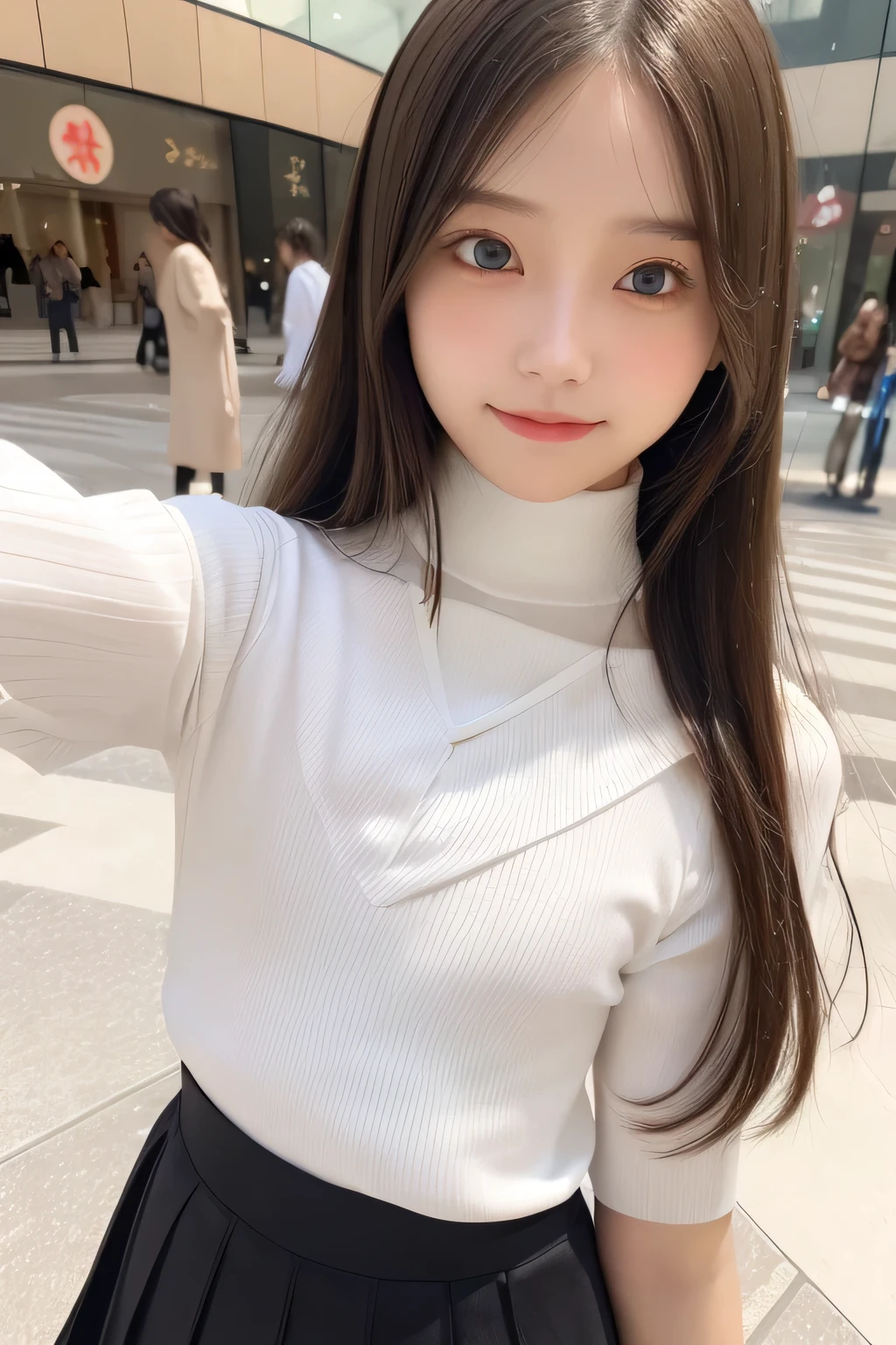 pieces fly、masterpiece、highest quality、Super detailed、High resolution、High resolution、8K portrait、unity 8k wallpaper、Detailed CG、unity 8k wallpaper、Detailed CGユニティ8kの壁紙、realistic、real person、portrait photography、shiny skin、(s old:1.2)、(cute:1.2)、High resolution、beautiful clear eyes、very detailed explanation、delicate face、nice lips、thin waist、thin legs、1 girl、(Shopping mall:1.3)、、(short sleeve turtleneck knit:1.3)、(pleated skirt:1.3)、(big smile:1.2)、(Self snap:1.5)、(flat chest:1.8)