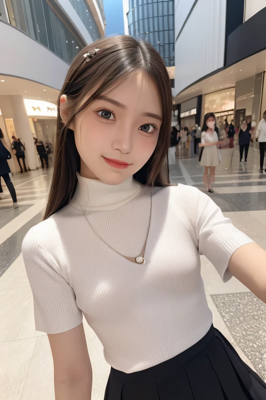 pieces fly、masterpiece、highest quality、Super detailed、High resolution、High resolution、8K portrait、unity 8k wallpaper、Detailed CG、unity 8k wallpaper、Detailed CGユニティ8kの壁紙、realistic、real person、portrait photography、shiny skin、(:1.2)、(cute:1.2)、High resolution、beautiful clear eyes、very detailed explanation、delicate face、nice lips、thin waist、thin legs、1 girl、(Shopping mall:1.3)、、(short sleeve turtleneck knit:1.3)、(pleated skirt:1.3)、(big smile:1.2)、(Self snap:1.5)、(flat chest:1.8)、(Swelling of the nipples:1.4)