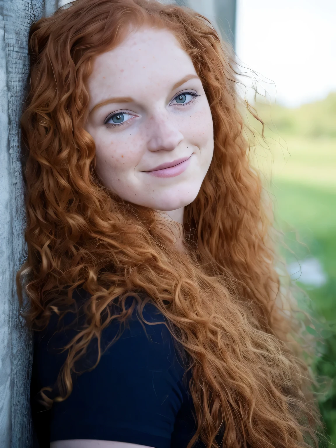 arafed woman with long red hair leaning against a wall, a redheaded young woman, portrait of maci holloway, red haired young woman, head shot, portrait of a red haired girl, with curly red hair, headshot photo, ginger hair with freckles, mid portrait, closeup headshot portrait, curly red hair, cute young redhead girl, photo of young woman