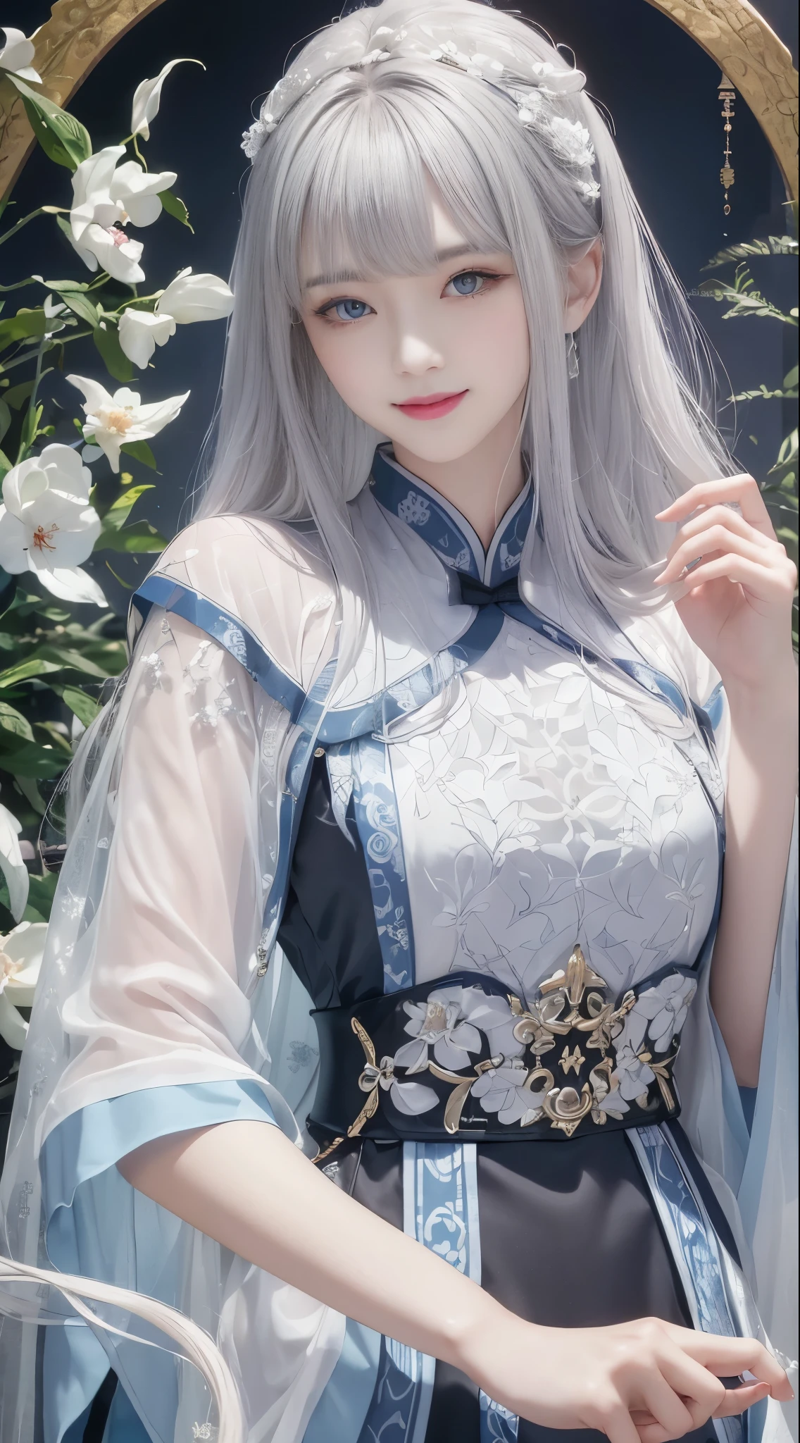 tmasterpiece，Need，In the daytime，exteriorestivity，celebrating，1 woman，独奏，，mature，China-style，Ancient China，Sister，皇家Sister，cheerfulness，ssmile，Silver white long haired woman，Gray blue eyes，shawl，By bangs，Pale pink lips，White clothes，