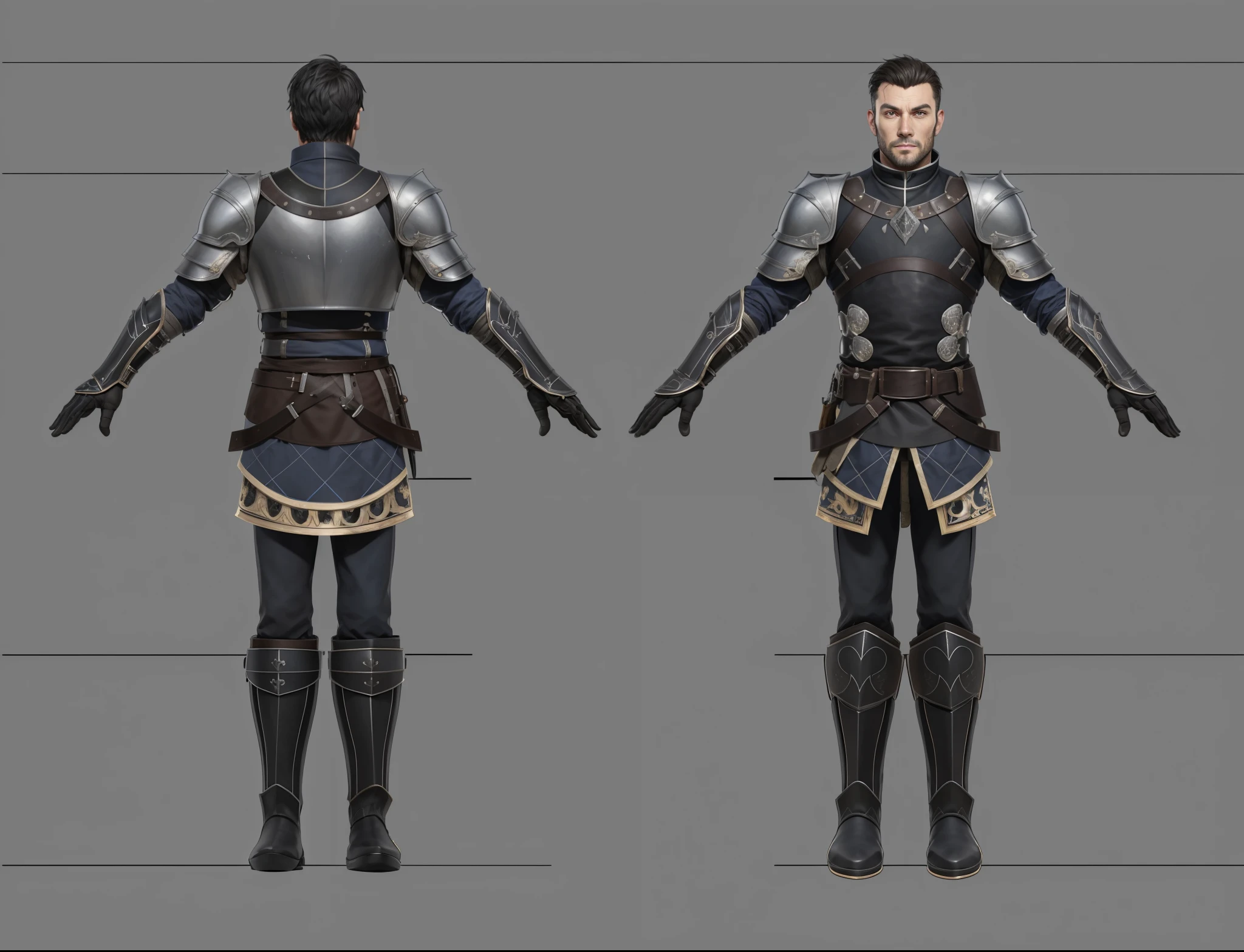( Realistic:1.33),(masterpiece:1.1),(highest quality:1.1),(HDR:1) a close up of a man with black leather front and back armor, collar armor, shoulder moonlit armor , full body concept, detailed full body concept, medieval imperial army style character, full body character concept, new costume concept design, full body details, detailed full body concept art, full character body, character model sheet turnaround, fullbody shot turnaround, concept character sheet, full body concept art, reference model sheet , full body concept art, imperial army style character, game character design, concept character, full body character concept art, 3d character reference sheet, male, video game character concept, detailed character design, character sheet, character model sheet turnaround , front and back, front and back, Imperial military cloth, dark costume, medieval blue Gambeson, (leather glove),v( leather boot armor), gambeson, black leather waist belt, moonlit shoulder armor, black leaher chest grey clean background, 3D character