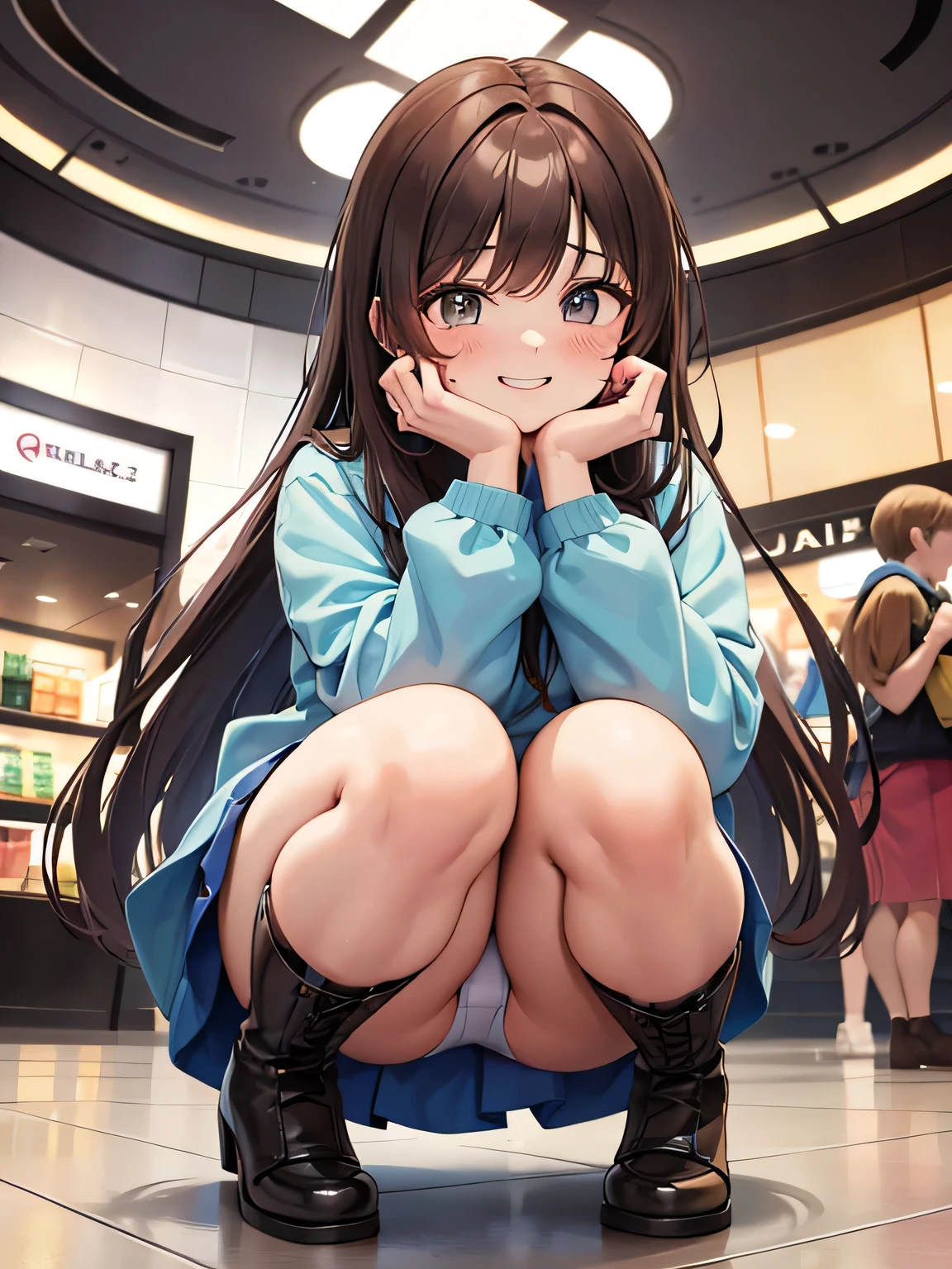 (1) A woman is squatting with both knees on the floor, towards us, Her light blue panties are almost visible.
(2) The woman is wearing a long-sleeved dress、wearing a very short red miniskirt and brown boots。.
(3) Women have long brown hair.
(4) The look on her face is a grinning one..
(5) The place is a shopping mall.