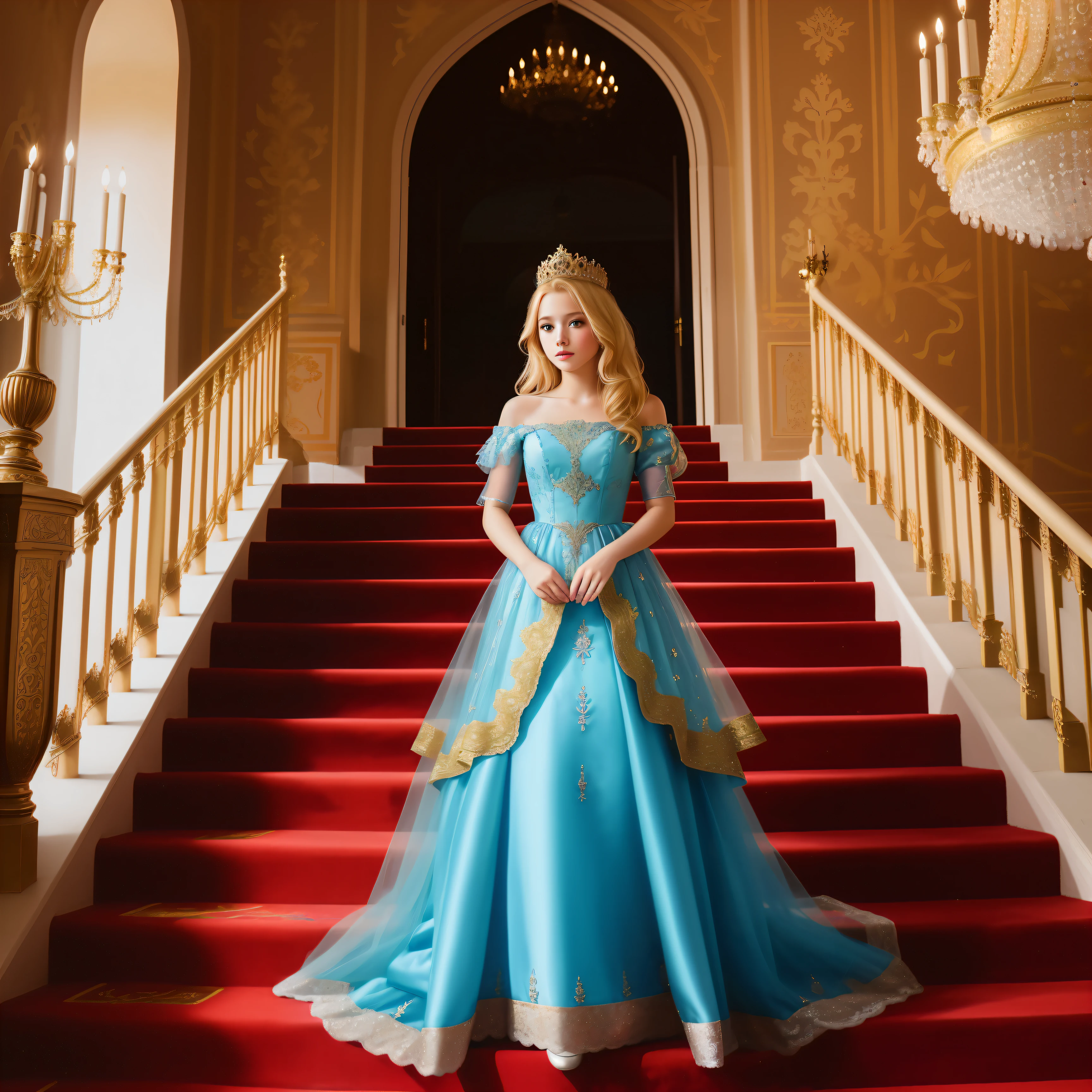 create and draw me a blonde princess for children with beautiful dress , she is in the beautiful castle , red carpet on the stairs, painting on the walls, beautiful face,