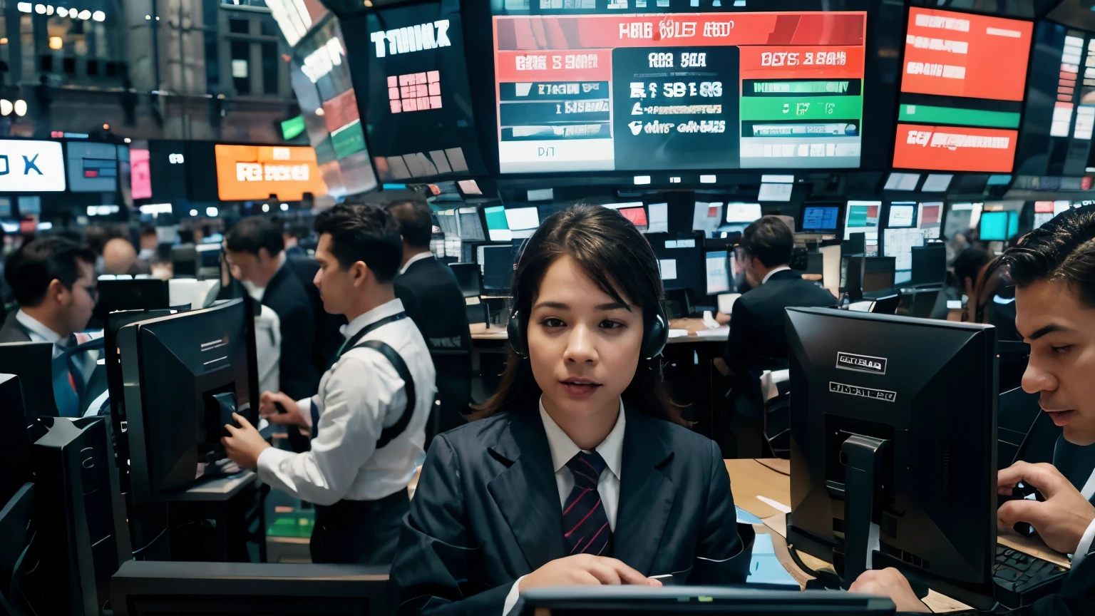 Create an image depicting a dynamic stock market scene. Include bustling trading floors, a variety of people in business attire actively trading and communicating, interspersed with digital stock tickers, and vibrant graphs showing market fluctuations. The overall atmosphere should be energetic and intriguing, capturing the essence of a lively stock exchange.