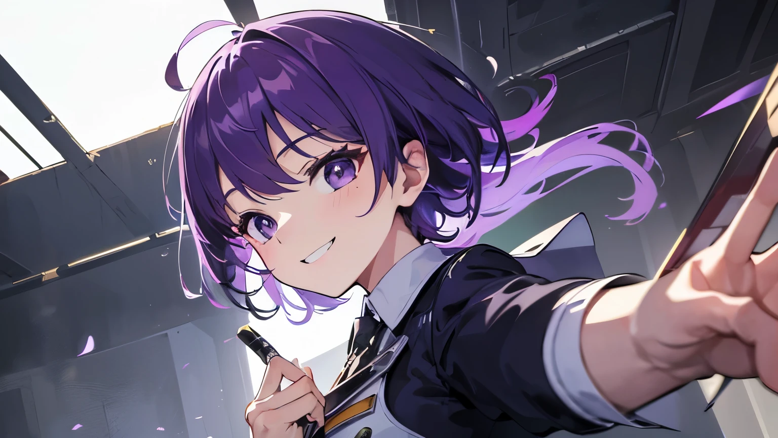 (T Masterpiece,4k wallpaper,best quality))、((girl1people))、(solo)、Brilliant,(purple hair)、(shortcut:1.3)、smile、uniform、knife、ruins