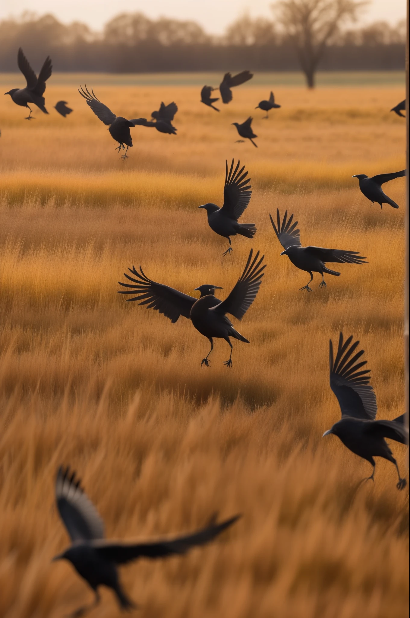 Black crows flying and hopping across the ground amongst dead, brown grass in a field.
