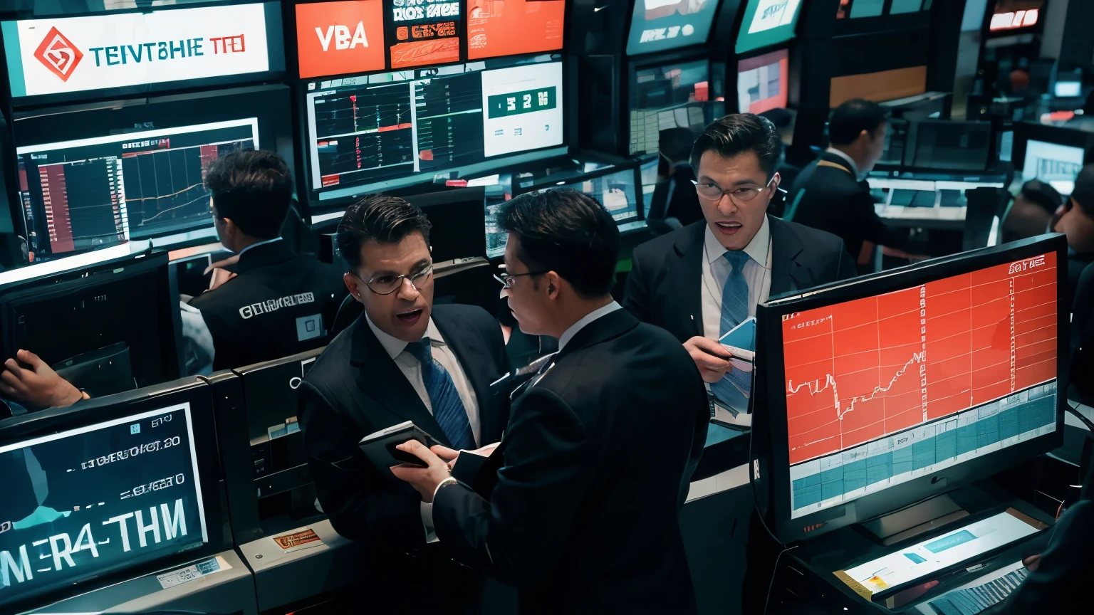 Create an image depicting a dynamic stock market scene. Include bustling trading floors, a variety of people in business attire actively trading and communicating, interspersed with digital stock tickers, and vibrant graphs showing market fluctuations. The overall atmosphere should be energetic and intriguing, capturing the essence of a lively stock exchange.