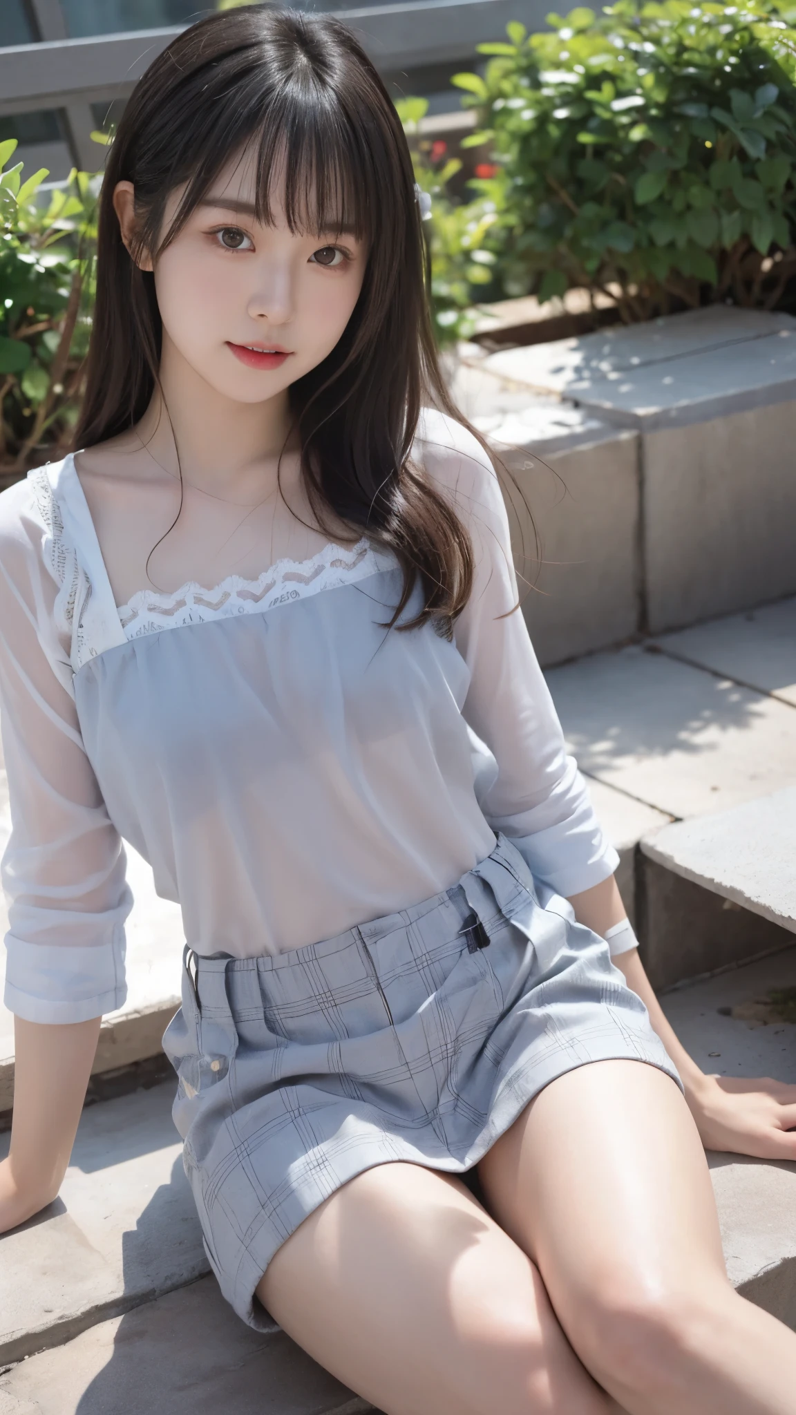 Photo taken by a professional photographer，21 year old Japan cute girl，Close-up of a woman sitting on a stone ledge, Young and cute gravure idol, realistic young gravure idol, sakimichan, young gravure idol, Chiho, motto hole, Young skinny gravure idol, shikamimi, Young sensual gravure idol, sophisticated gravure idol, japanese model, mid shot portrait