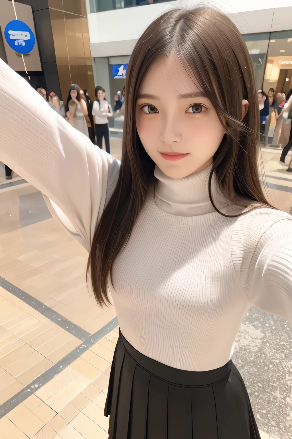 pieces fly、masterpiece、highest quality、Super detailed、High resolution、High resolution、8K portrait、unity 8k wallpaper、Detailed CG、unity 8k wallpaper、Detailed CGユニティ8kの壁紙、realistic、real person、portrait photography、shiny skin、(:1.2)、(cute:1.2)、High resolution、beautiful clear eyes、very detailed explanation、delicate face、nice lips、thin waist、thin legs、1 girl、(Shopping mall:1.3)、(short sleeve turtleneck knit:1.3)、(pleated skirt:1.3)、(big smile:1.2)、(Self snap:1.5)、(flat chest:1.8)、(Swelling of the nipples:1.4)