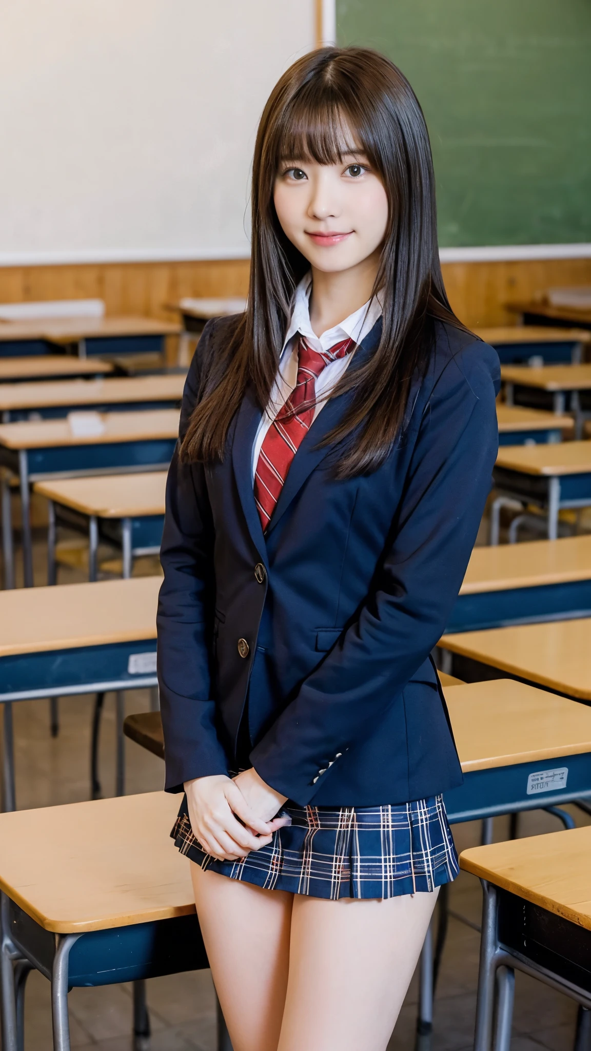Stand in the classroom of school2girl girl,Red Tie Uniform,Dark Blue Closed Blazer,blue plaid miniskirt,18-year-old,bangs,a little smile,thighs,knees,from below,random pose,pretty girl,slender girl,