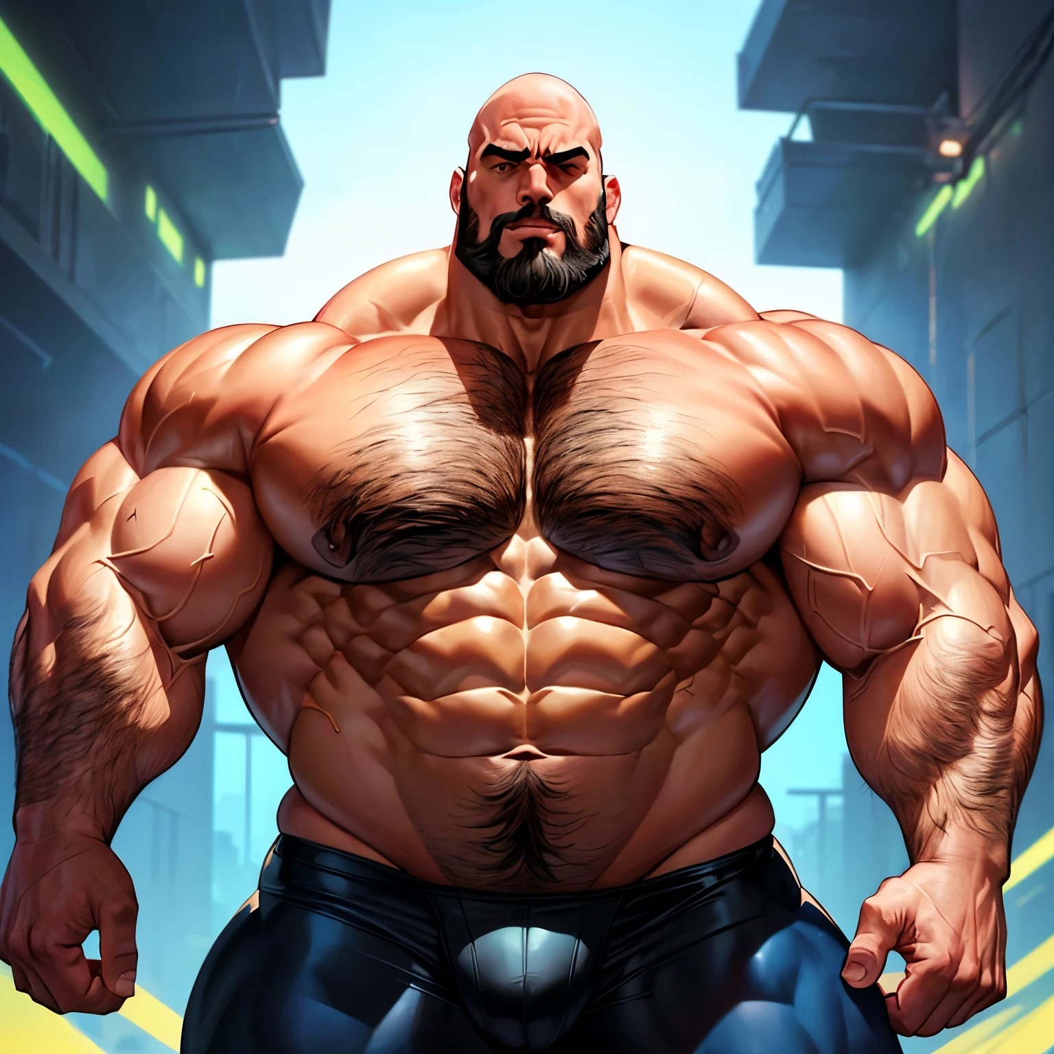 The Big Show as a bodybuilder with enormous muscles wearing a latex thong. Hyper muscles. (Thick muscular neck Huge pectorals, wide overgrown muscular shoulders, overgrown muscular traps, brutish masculine facial features. Hyper muscular physique, huge muscles, bulging muscles, full body, wide body, flexing muscles, roid bulging belly, beard, bald man.