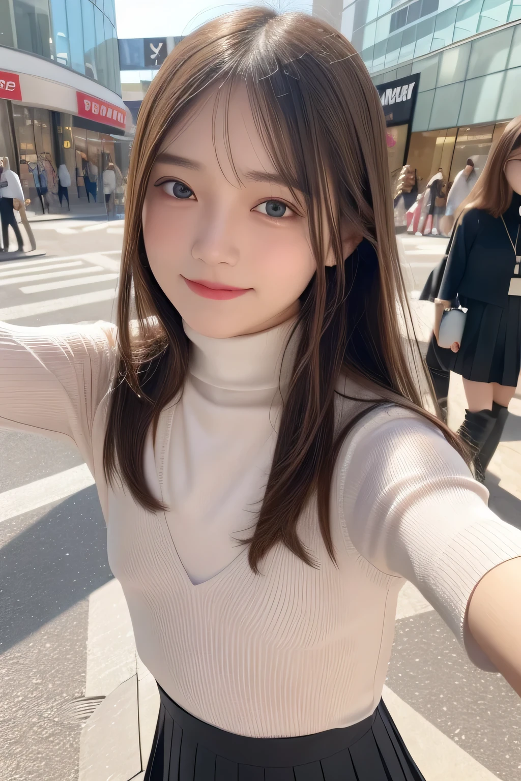 pieces fly、masterpiece、highest quality、Super detailed、High resolution、High resolution、8K portrait、unity 8k wallpaper、Detailed CG、unity 8k wallpaper、Detailed CGユニティ8kの壁紙、realistic、real person、portrait photography、shiny skin、（16 years old:1.2）、(cute:1.2)、High resolution、beautiful clear eyes、very detailed explanation、delicate face、nice lips、thin waist、thin legs、1 girl、(Shopping mall:1.3)、(short sleeve turtleneck knit:1.3)、(pleated skirt:1.3)、(big smile:1.2)、(Self snap:1.5)、(flat chest:1.8)、(Swelling of the nipples:1.4)