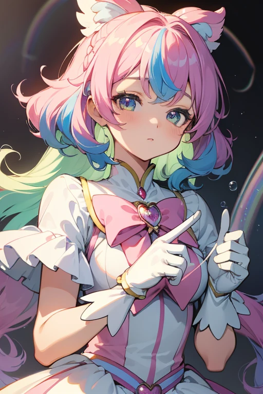 (best quality, high-res, masterpiece:1.2), dreamlike, magical girl, magical girl costume, magical girl gloves, cute hair accessories, glowing wings, misty, curly, upper body, (rainbow hair:1.2), a lot of bubbles, colorful, cute, pastel, soft and fluffy