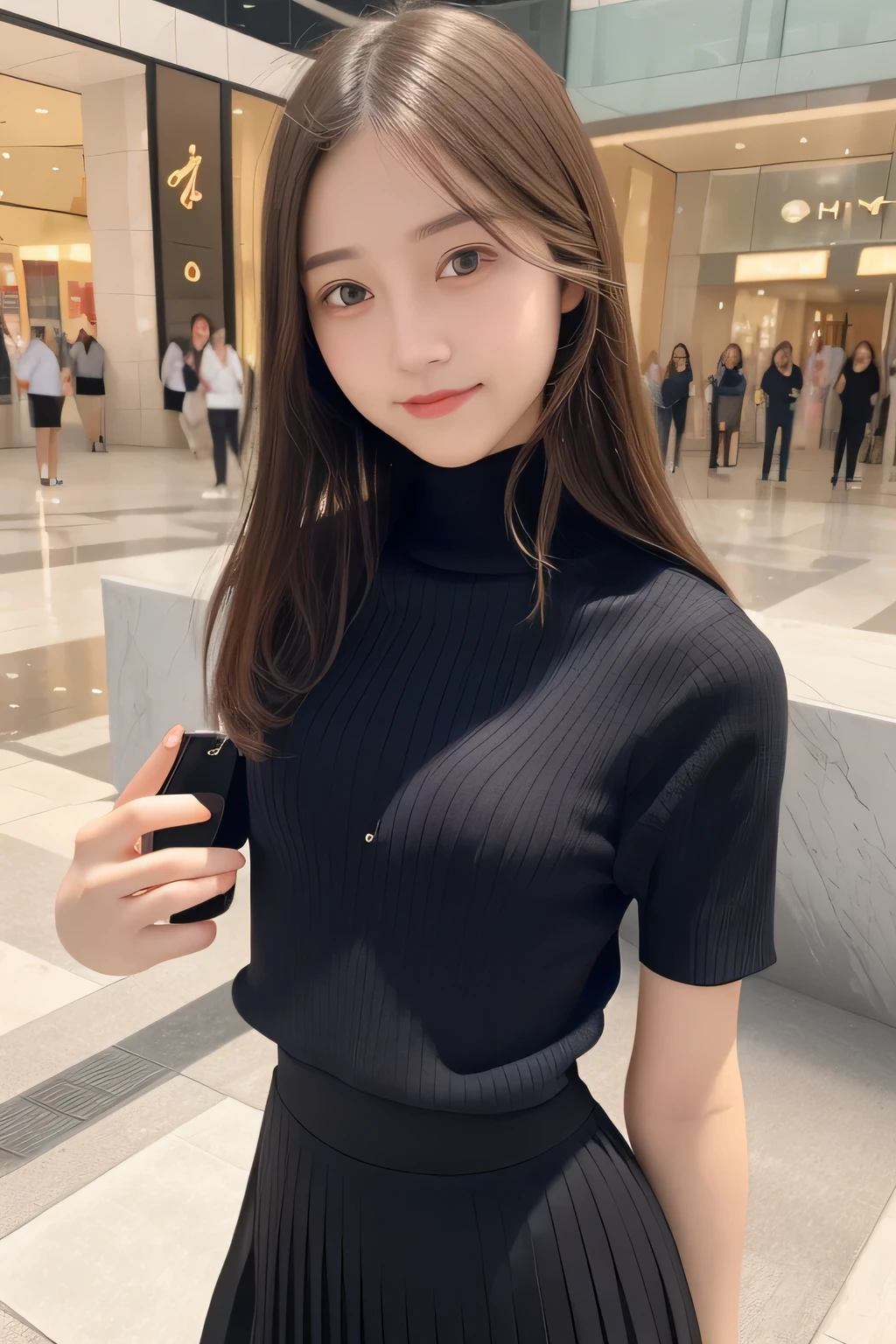 pieces fly、masterpiece、highest quality、Super detailed、High resolution、High resolution、8K portrait、unity 8k wallpaper、Detailed CG、unity 8k wallpaper、Detailed CGユニティ8kの壁紙、realistic、real person、portrait photography、shiny skin、(16 years old:1.2)、(cute:1.2)、High resolution、beautiful clear eyes、very detailed explanation、delicate face、nice lips、thin waist、thin legs、1 girl、(Shopping mall:1.3)、(short sleeve turtleneck knit:1.3)、(pleated skirt:1.3)、(big smile:1.2)、(Self snap:1.5)、(flat chest:1.8)、(Swelling of the nipples:1.4)