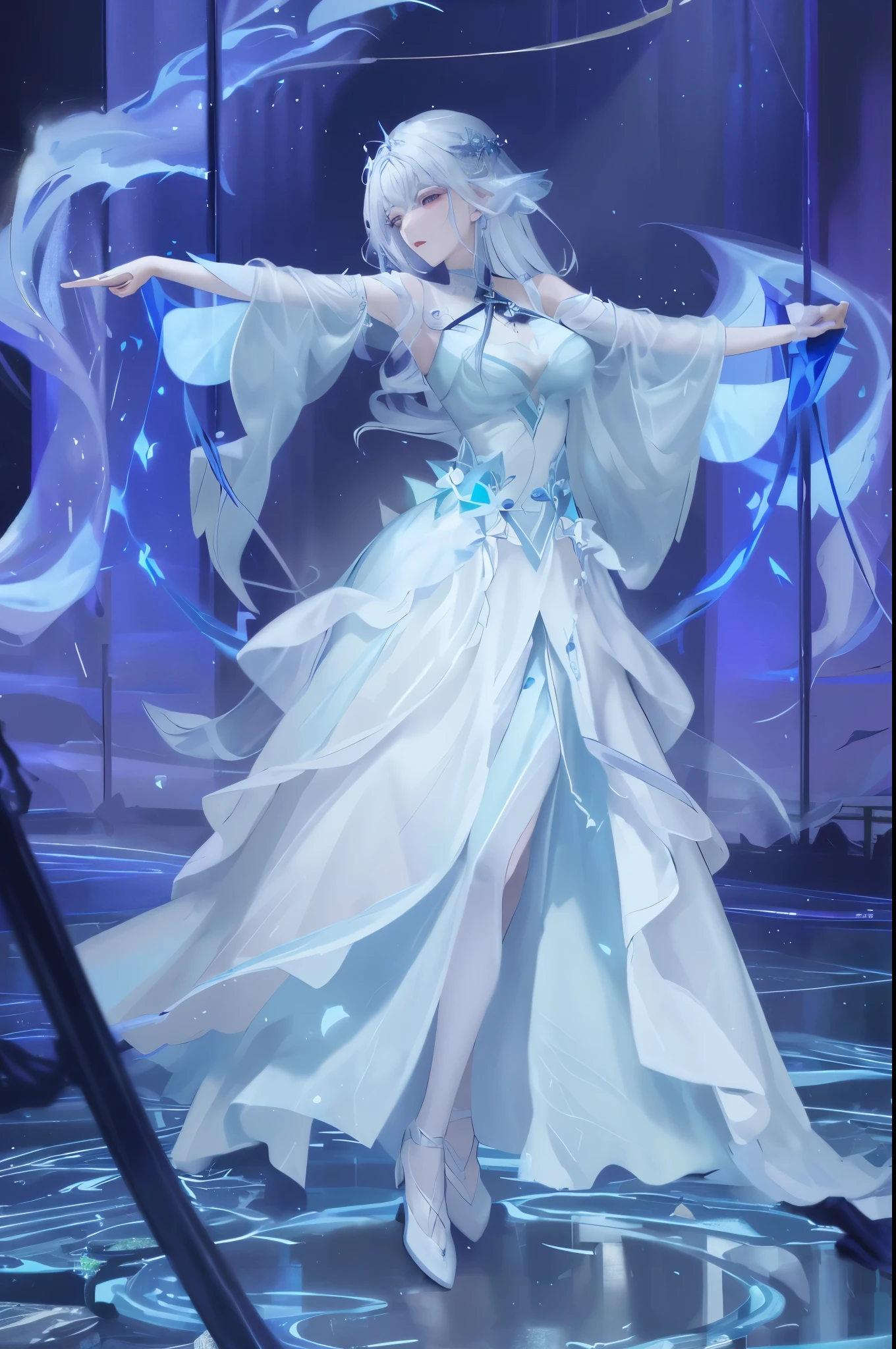 There is a woman in a skirt standing on the stage, Beautiful Frost Witch, ethereal fantasy, Popular topics on cgstation, Astral Witch Clothes, ethereal essence, she is dancing. actual, Astral Fairy, fantasy dress, Ethereal fairy tale, ice witch, full body xianxia, This character has the ability to freeze, a sorceress casting a ice ball