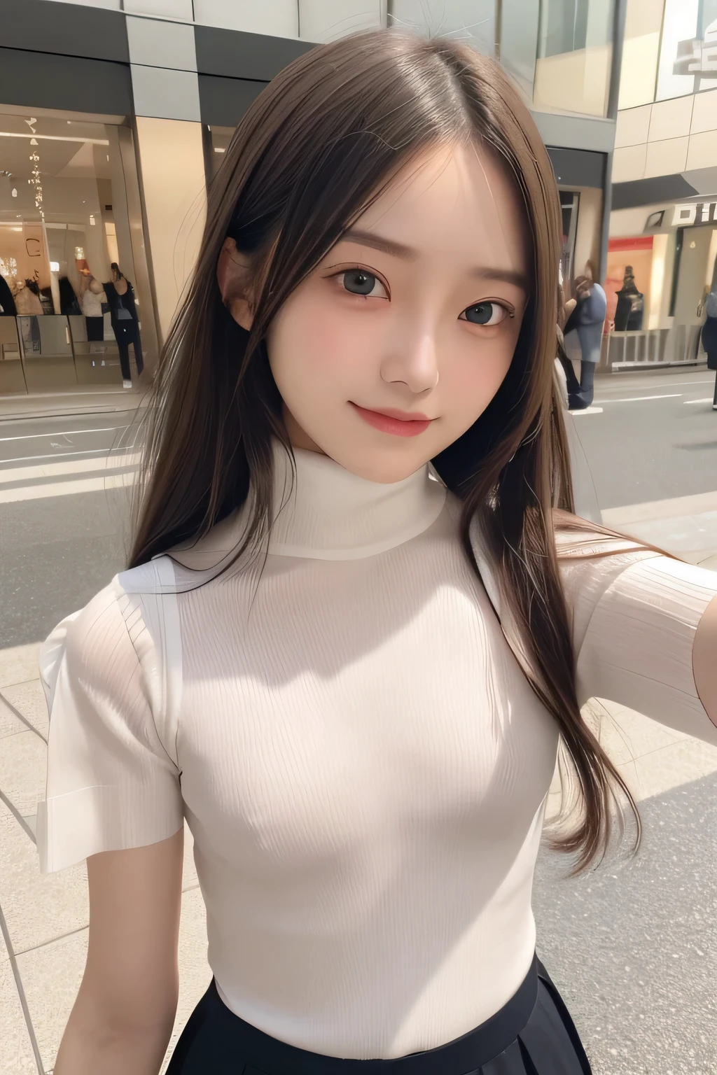 pieces fly、masterpiece、highest quality、Super detailed、High resolution、High resolution、8K portrait、unity 8k wallpaper、Detailed CG、unity 8k wallpaper、Detailed CGユニティ8kの壁紙、realistic、real person、portrait photography、shiny skin、(:1.2)、(cute:1.2)、High resolution、beautiful clear eyes、very detailed explanation、delicate face、nice lips、thin waist、thin legs、1 girl、(Shopping mall:1.3)、、(short sleeve turtleneck knit:1.3)、(pleated skirt:1.3)、(big smile:1.2)、(Self snap:1.5)、(flat chest:1.8)、(Braless nipples:1.4)