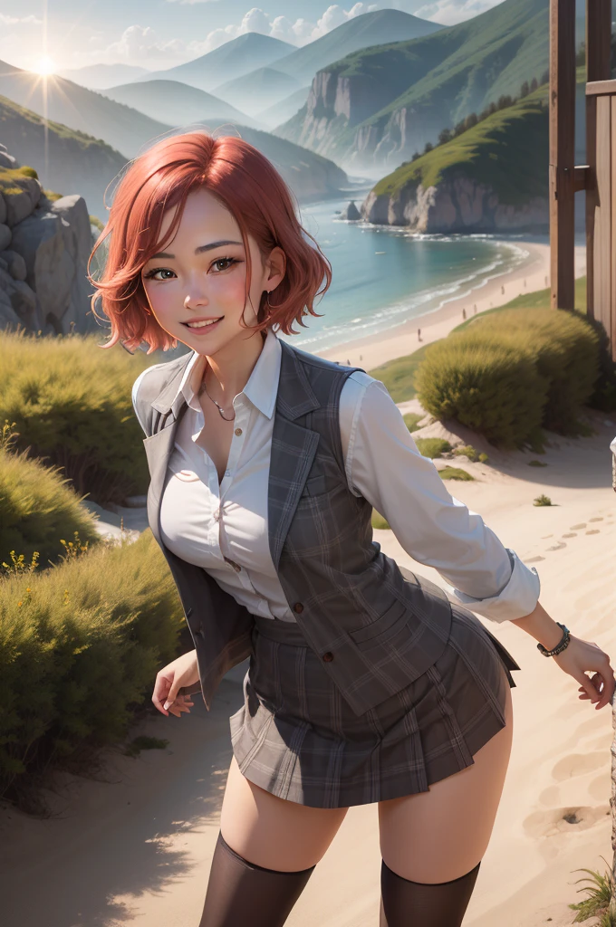 masterpiece, High quality drawing, young woman, Bang, beach, ясное голубое sky, blush, a gift, breast, белая shirt, клетчатая skirt, clouds, day, high grass, Short haircut bob, Red hair, horizon, runs bending over_Forward, exposed lens, flash, world, rays, looks at the viewer, mountain, mountain на horizonе, ocean, on open air, plaid, stockings, Checkered tie, Checkered tie, Panties, растегрутая shirt, plaid vest, throw, shirt, skirt, sky, smile, Sun, Sun world, tree.