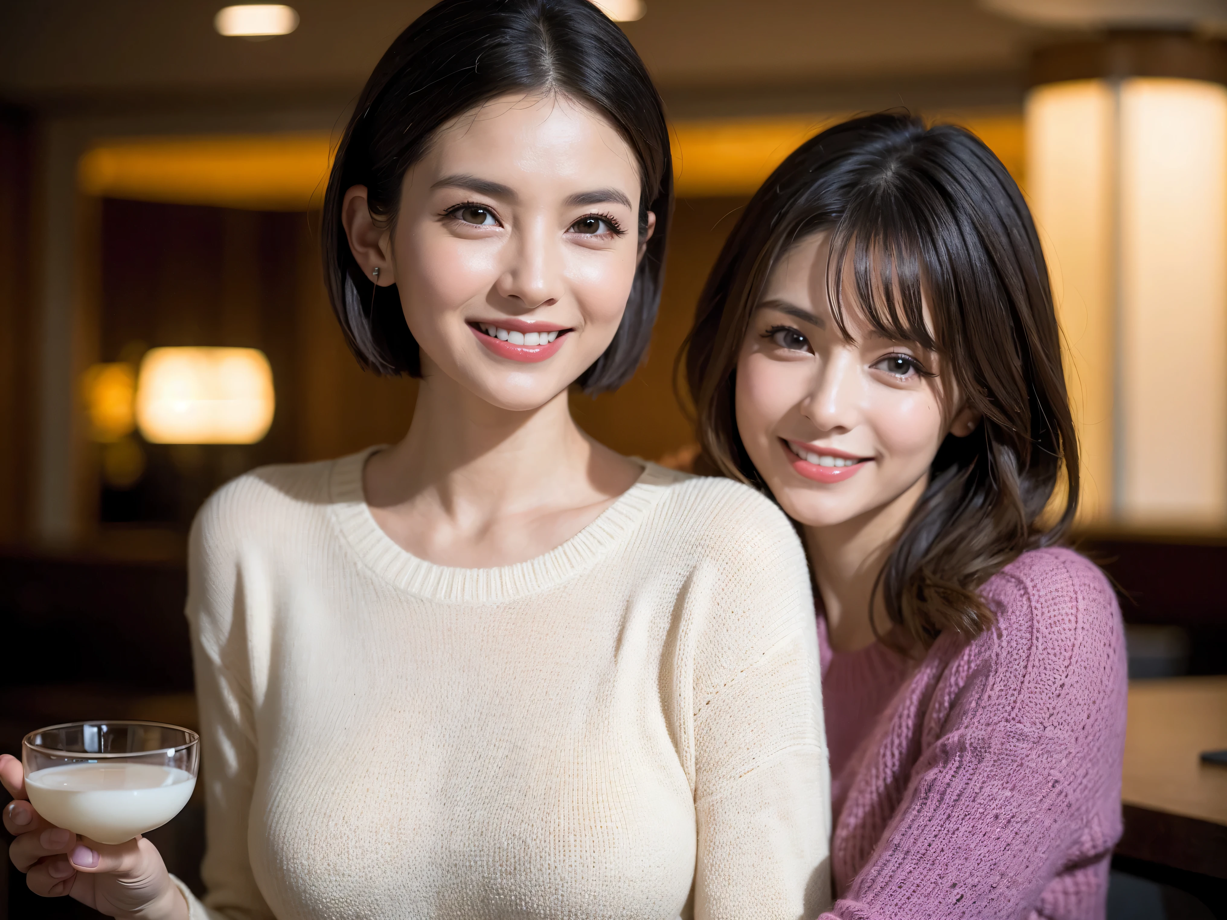 (including 64k、nffsw、highest quality、masterpiece:1.2)、(realistic、Photoreal:1.37)、Super detailed、wine glass、enjoy wine、mature woman、two beautiful women、(slim face)、(because I'thin)、(brown hair)、(shortcut)、Latin、smileのフランス人女性、happy italian girl、british woman、American、blush a little、(38 years old)、42 years old、red wine、窓の外には美しく緻密なnight景が広がります......、restaurant、wine glassは目立つ場所に、night、(from the waist up)、sit on top、date、(laughter:1.15)、beautiful and detailed eyes、cashmere sweater、long sleeve dress、Japanese、(short hair:1.2)、Float NovaFrogStyle、、modeled、from the waist up、White wine、turned into slime、wine glass、超きれいなnight景、wine glassは真ん中に置いて、smile、(8K、RAW photo、highest quality、masterpiece:1.2)、(realistic、Photoreal:1.37)、Super detailed、ultra high resolution、2 women、see the beholder、beautiful and detailed face、laughter、narrow、(slim waist) :1.3)、knit shirt、beautiful and smooth skin、skin texture、floating hair、professional light needle breast、kind eyes