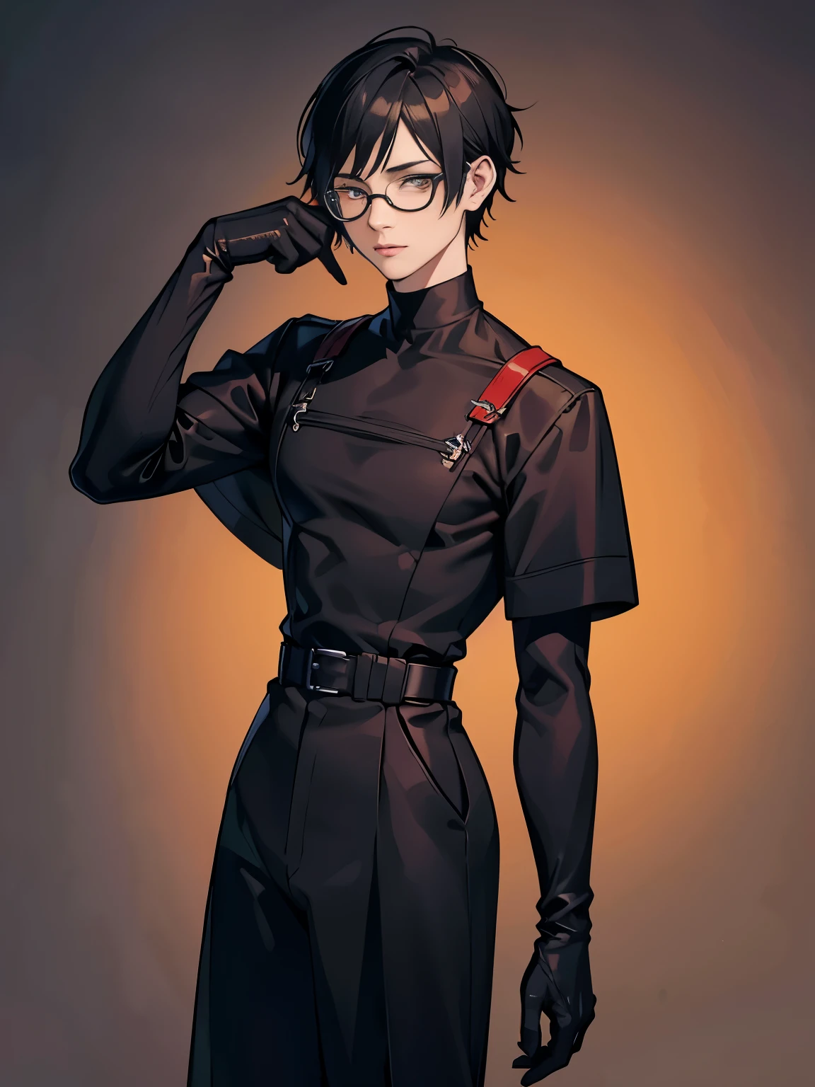 Woman (black male short hair, pale skin, amber eyes, small red retro glasses) jujutsu uniform, white turtleneck shirt, black blue jumpsuit dress, black gloves, scar on the neck, brown combat boots. anime - style girl dressed in black walking on sidewalk, gama murata e artgerm, estilo de arte jujutsu kaisen wlop, Estilo Jujutsu Kaisen, fanart requintada altamente detalhada, preto, Preto, fanart de alta qualidade, estilo de arte jujutsu kaisen, in preto, jujutsu kaisen inspirada (mulher, cabelo curto masculino, small black frame glasses with red lenses)