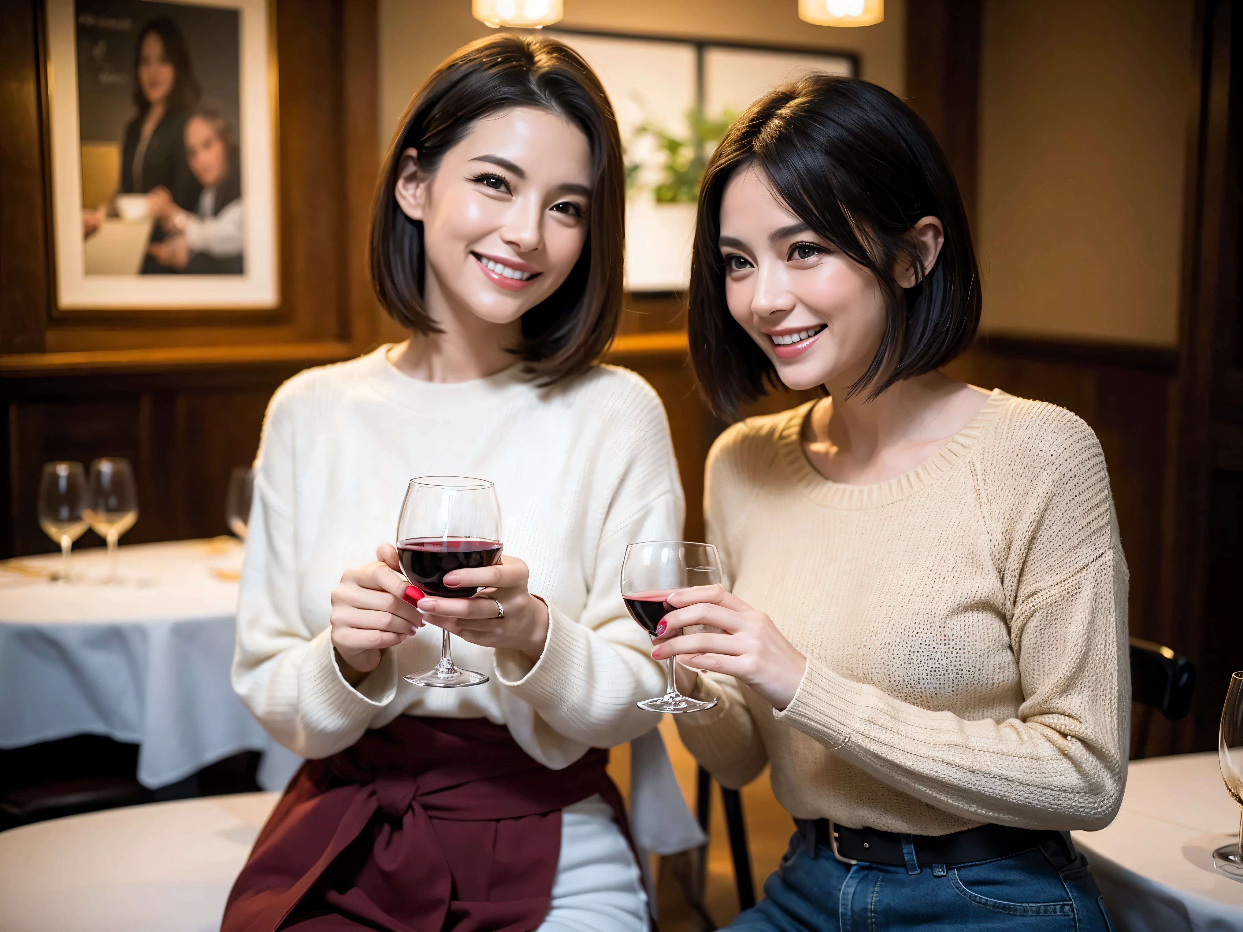 (including 64k、nffsw、highest quality、masterpiece:1.2)、(realistic、Photoreal:1.37)、Super detailed、wine glass、enjoy wine、mature woman、two beautiful women、(slim face)、(because I'thin)、(brown hair)、(shortcut)、smileのフランス人女性、happy italian girl、british woman、American、blush a little、(38 years old)、42 years old、red wine、窓の外には美しく緻密なnight景が広がります..、restaurant、wine glassは目立つ場所に、night、(from the waist up)、sit on top、date、(laughter:1.15)、beautiful and detailed eyes、cashmere sweater、long sleeve dress、Japanese、(short hair:1.2)、Float NovaFrogStyle、、modeled、from the waist up、White wine、turned into slime、wine glass、超きれいなnight景、wine glassは真ん中に置いて、smile、(8K、RAW photo、highest quality、masterpiece:1.2)、(realistic、Photoreal:1.37)、Super detailed、ultra high resolution、2 women、see the beholder、beautiful and detailed face、laughter、narrow、(slim waist) :1.3)、knit shirt、beautiful and smooth skin、skin texture、floating hair、professional light needle breast、kind eyes