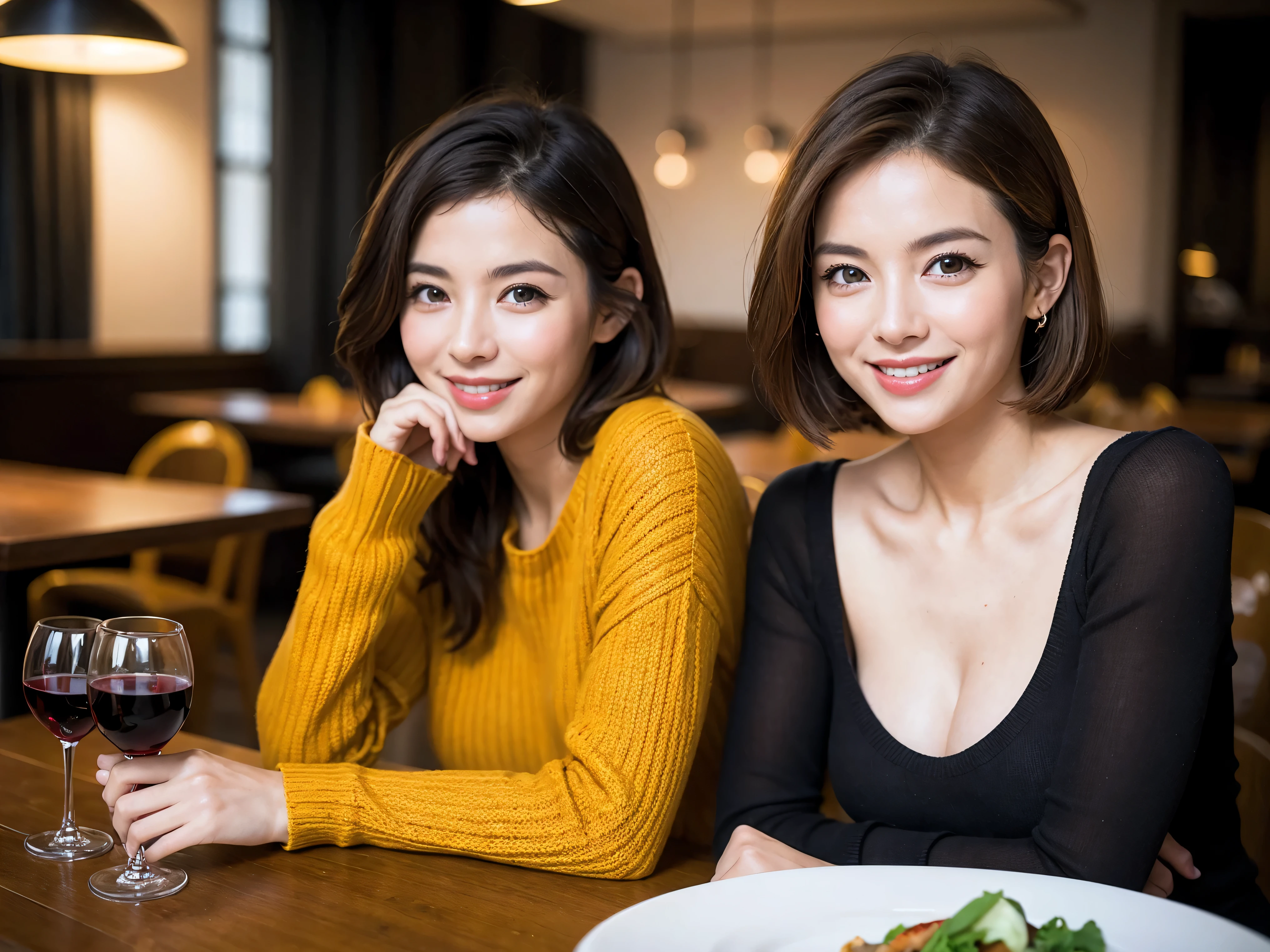 (including k、nffsw、highest quality、masterpiece:1.2)、(realistic、Photoreal:1.37)、Super detailed、wine glass、enjoy wine、maoman、two beautiful women、(slim face)、(because I'thin)、(brown hair)、(shortcut)、smileのフランス人女性、happy italian girl、british woman、American、blush a little、(38 years old)、42 years old、red wine、窓の外には美しく緻密なnight景が広がります..、restaurant、wine glassは目立つ場所に、night、(from the waist up)、sit on top、date、(laughter:1.15)、beautiful and detailed eyes、cashmere sweater、long sleeve dress、Japanese、(short hair:1.2)、Float NovaFrogStyle、、modeled、from the waist up、White wine、turned into slime、wine glass、超きれいなnight景、wine glassは真ん中に置いて、smile、(8K、RAW photo、highest quality、masterpiece:1.2)、(realistic、Photoreal:1.37)、Super detailed、ultra high resolution、2 women、see the beholder、beautiful and detailed face、laughter、narrow、(slim waist) :1.3)、knit shirt、beautiful and smooth skin、skin texture、floating hair、professional light needle breast、kes