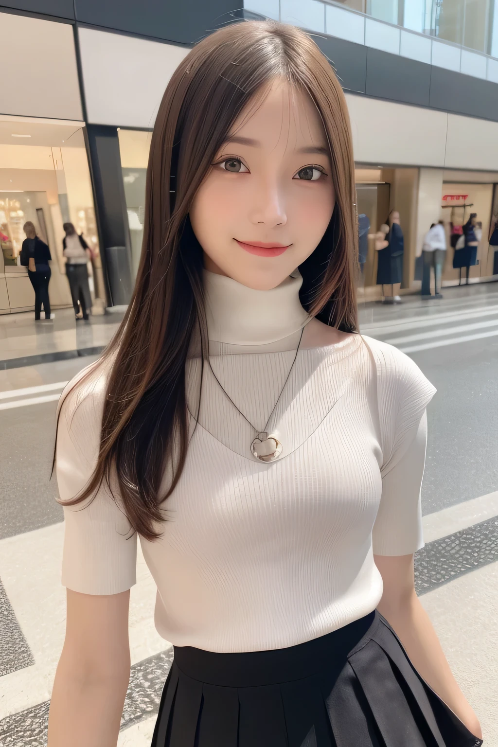pieces fly、masterpiece、highest quality、Super detailed、High resolution、High resolution、8K portrait、unity 8k wallpaper、Detailed CG、unity 8k wallpaper、Detailed CGユニティ8kの壁紙、realistic、real person、portrait photography、shiny skin、（16 years old:1.2）、(cute:1.2)、High resolution、beautiful clear eyes、very detailed explanation、delicate face、nice lips、thin waist、thin legs、1 girl、(Shopping mall:1.3)、、(short sleeve turtleneck knit:1.3)、(pleated skirt:1.3)、(big smile:1.2)、(Self snap:1.5)、(flat ?????:1.8)、(Braless ???????:1.4)