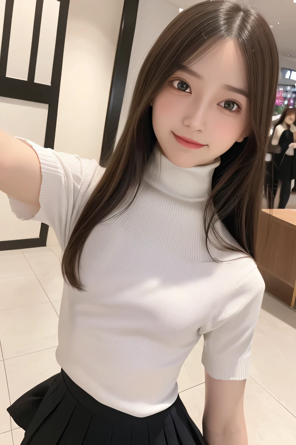 pieces fly、masterpiece、highest quality、Super detailed、High resolution、High resolution、8K portrait、unity 8k wallpaper、Detailed CG、unity 8k wallpaper、Detailed CGユニティ8kの壁紙、realistic、real person、portrait photography、shiny skin、(:1.2)、(cute:1.2)、High resolution、beautiful clear eyes、very detailed explanation、delicate face、nice lips、thin waist、thin legs、1 girl、(Shopping mall:1.3)、、(short sleeve turtleneck knit:1.3)、(pleated skirt:1.3)、(big smile:1.2)、(Self snap:1.5)、(flat chest:1.8)、(Braless nipples:1.4)
