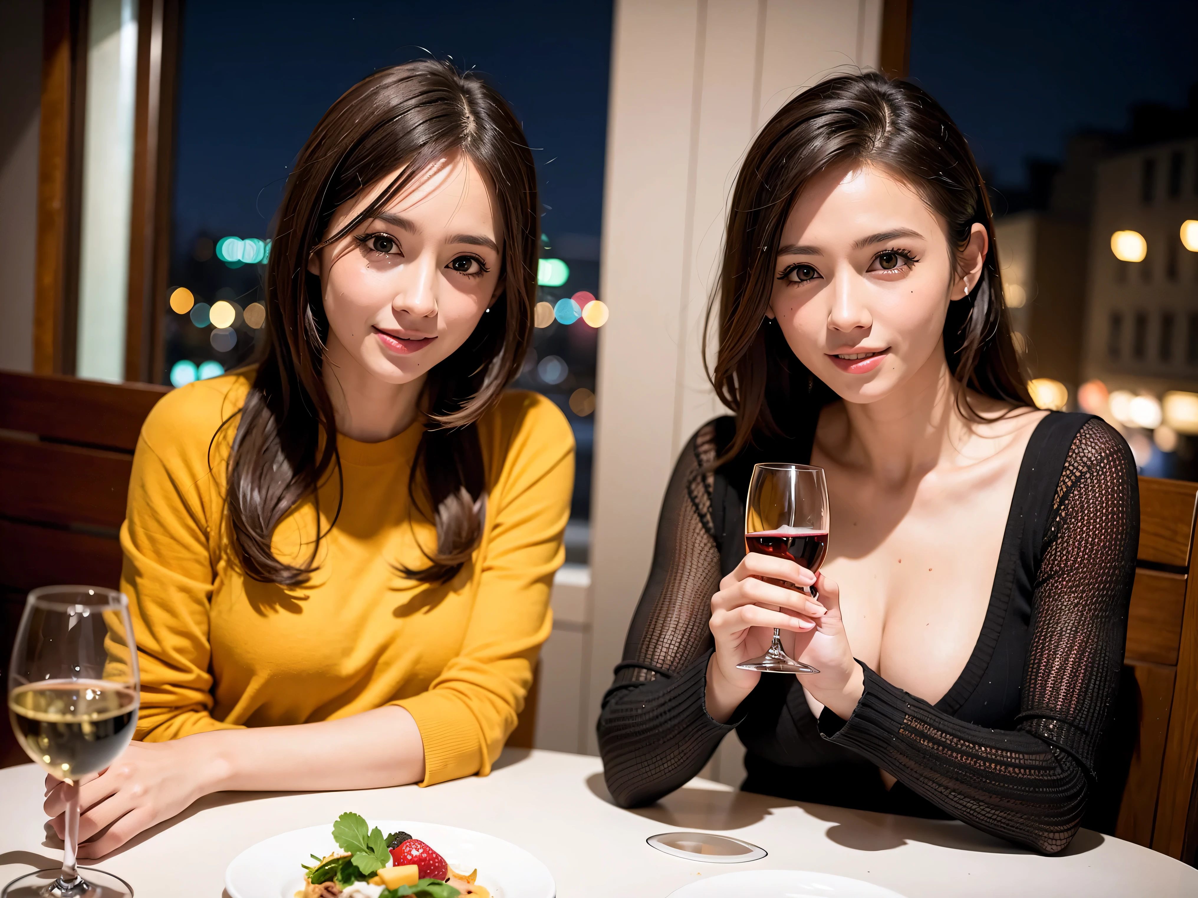 64k, UHD, highest quality, masterpiece: 1.2), (realistic, photorealistic: 1.37), Super detailed, slimな美女3名, (slimフェイス),Happy、 最高なsmile、Fox Face、Berry Short、(because I'thin), (brown hair), (shortcut), long sleeve shirt、winter fashion、Colombia、Brazilian、Japanese、Dutch、German、Portuguese、Belgian、Italian、french,champagne、Sparkling wine、 (gushing), (slimボティ), (brown hair), (shortcut), Neat beauty、cheeks blush a little, (35 years old), 38 years old, alone, A beautiful and detailed night view spreads out outside the window....., restaurant, wine glassが座っている, At night, in a prominent place (from the Upper body) nova frog style, actress, model, Upper body, White wine, slim, wine glass, Very beautiful night view, wine glass Put in the Middle, Happy smile, (smile: 1.15),