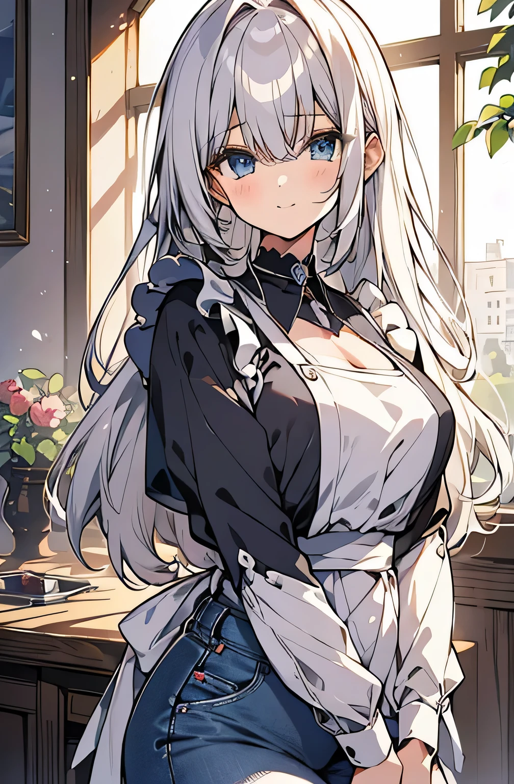 ((highest quality))、((８K))、((High resolution))、((masterpiece))、((Super detailed))、一人のbeautiful母親、（height 160ｃｍwomen of）、((Looking at the camera from the front))、((Photo from the waist up))、((Standing position))、detailed background, Beautiful and delicate blue eyes、Eyes like clear jewels，beautiful, Smooth, silver hair、Soft and Smooth long hair、Big droopy eyes that give off a gentle maternal look、A smile like a mother watching over me 、((完璧でbeautiful指先))、Plump big breasts that exude motherhood、beautiful曲線を描く突き出たお尻,、beautiful body lines、((Plain gray t-shirt))、((dark blue jeans))、((white home apron))、beautiful and Smooth thighs, domestic、Dazzling morning sun、Sparkling、 garden full of plants