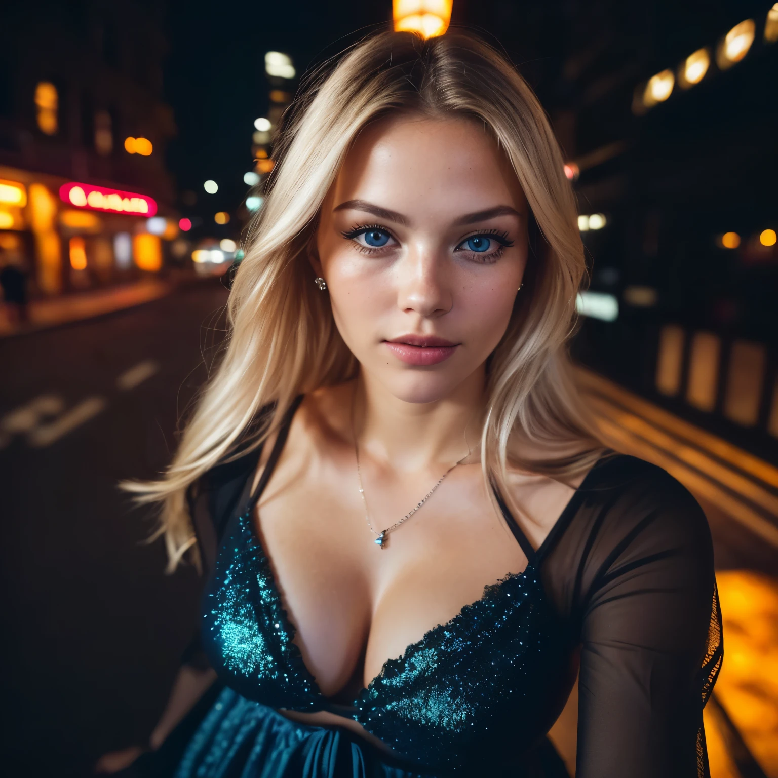 (Selfie, upper view: 1.4), (straight half of the body,: 1.4), RAW UHD portrait photo of a 24-year-old blonde (Blue-eyed woman) Walking through dark alleys, Large breasts,, City at night, (Skirt), (neckline), Details (textured! , hair! , Glitter, Color!! , drawback: 1.1), Glossy eyes with high detail (Looking at the camera), SLR Lighting, SLR camera, ultra-quality, sharpness, depth of fields, Film grain (Center), FUJI XT3, Crystal clear, Frame Center, Beautiful face, Sharp Focus, street lamp, Neon lighting, Bokeh (The dim), Night, (nigh sky), Detailed skin pores, Oily skin, Sunburn, Intricate eye details, Full body, Large breasts