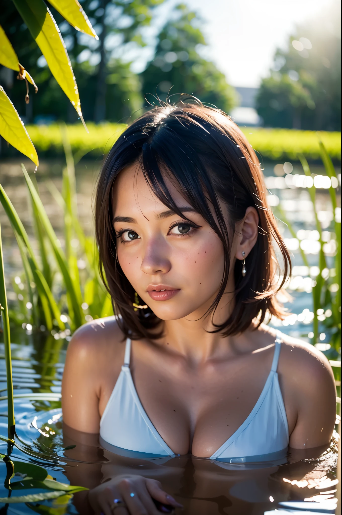 portrait of a cute woman big   (gldot) bathing in a rose river, reeds, (backlighting), realistic, masterpiece, highest quality, lens flare, shade, bloom, [[chromatic aberration]],