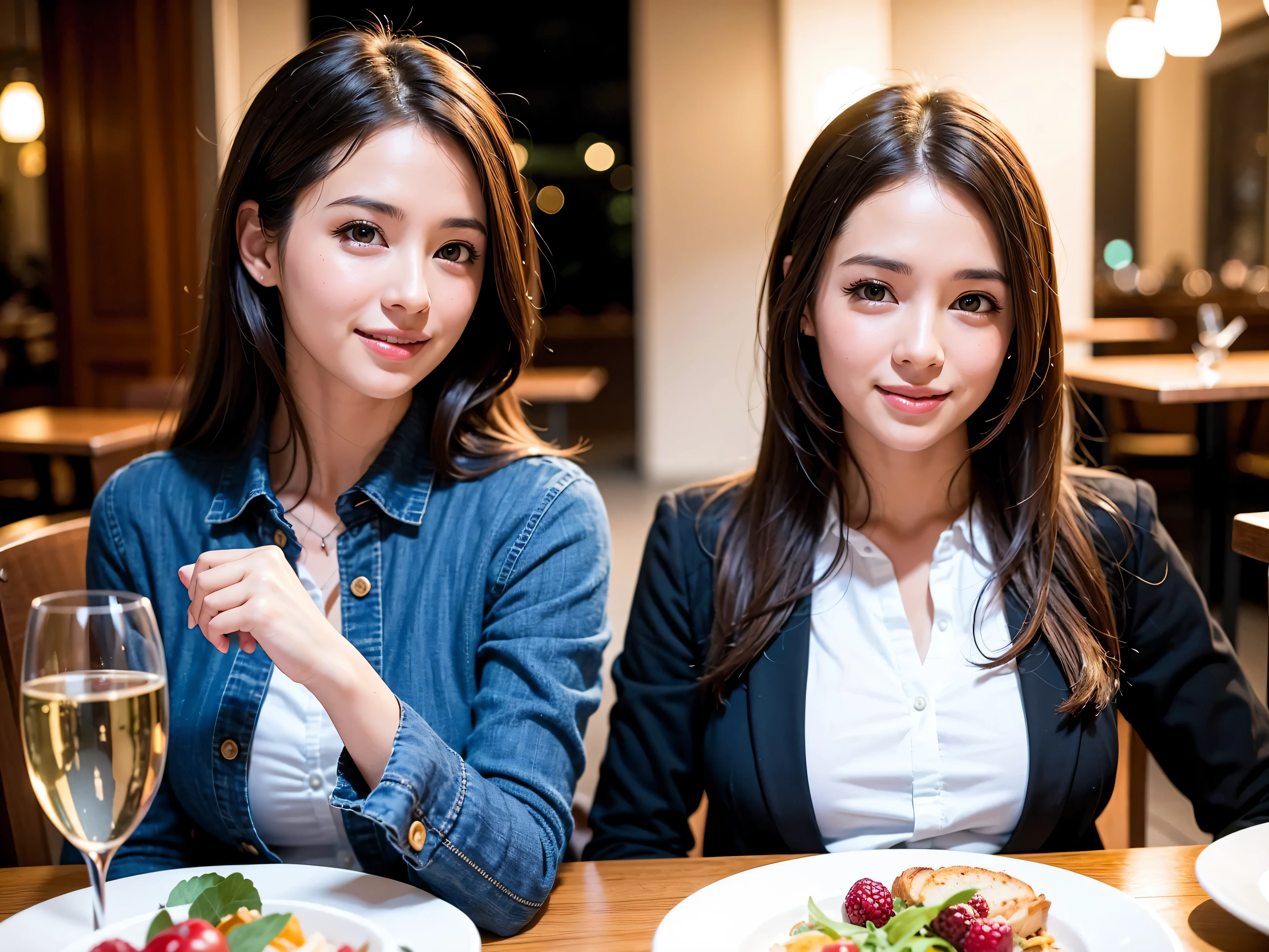 64k, UHD, highest quality, masterpiece: 1.2), (realistic, photorealistic: 1.37), Super detailed, slimな美女3名, (slimフェイス),Happy、 最高なsmile、Fox Face、Berry Short、(because I'thin), (brown hair), (shortcut), long sleeve shirt、winter fashion、Colombia、Brazilian、Japanese、Dutch、German、Portuguese、Belgian、Italian、french,champagne、Sparkling wine、 (gushing), (slimボティ), (brown hair), (shortcut), Neat beauty、cheeks blush a little, (35 years old), 38 years old, alone, A beautiful and detailed night view spreads out outside the window....., restaurant, wine glassが座っている, At night, in a prominent place (from the Upper body) nova frog style, actress, model, Upper body, White wine, slim, wine glass, Very beautiful night view, wine glass Put in the Middle, Happy smile, (smile: 1.15),