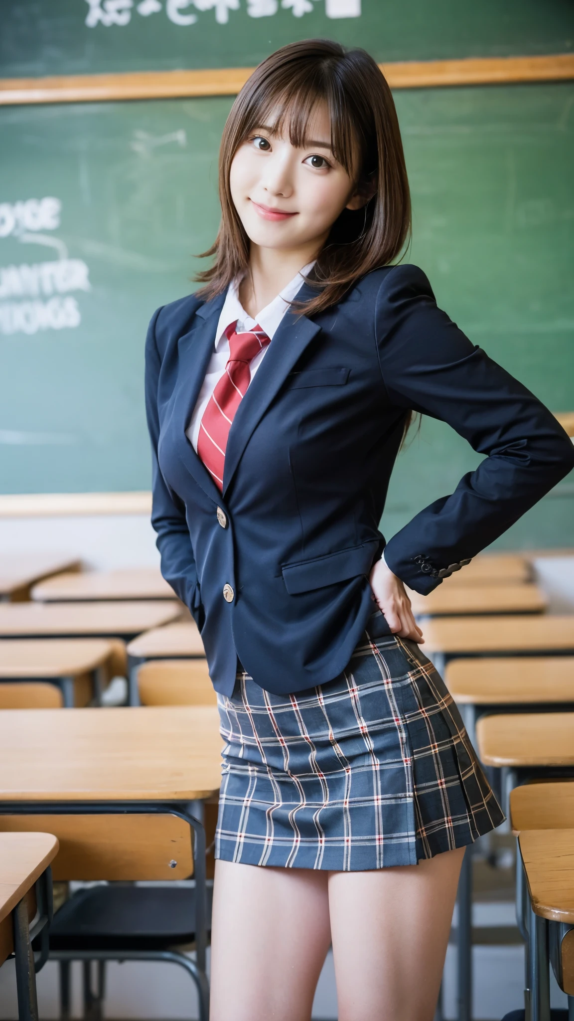 Stand in the classroom of school2girl girl,Red Tie Uniform,Dark Blue Closed Blazer,blue plaid miniskirt,18-year-old,bangs,a little smile,thighs,knees,from below,random pose,pretty girl,slender girl,