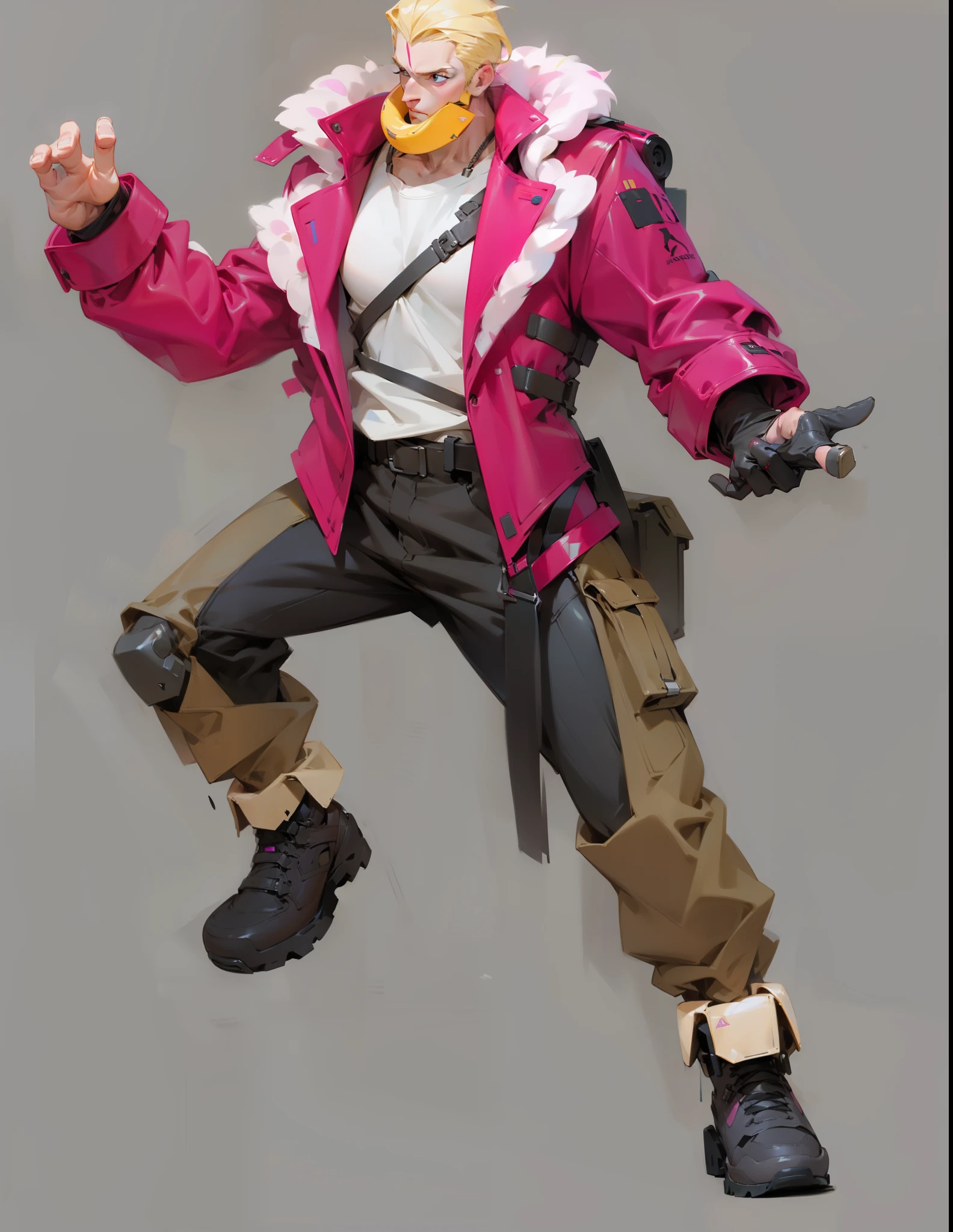 cyberpunk,Handsome blonde man,Pink leather coat,overalls,sports shoes,adeptus mechanicus,