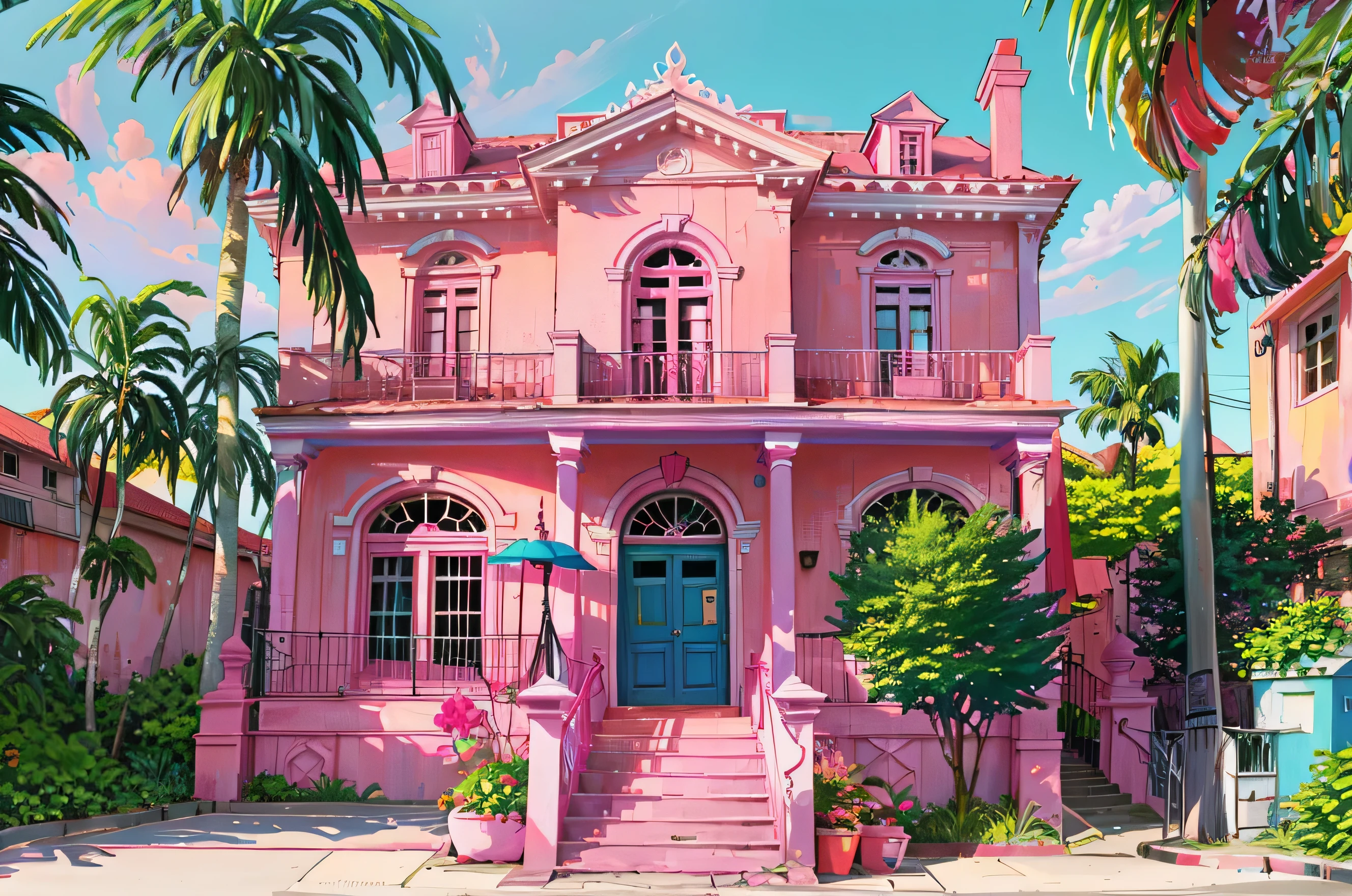 pink house with stairs leading to the front door and balcony, in a candy land style house, wealthy house, pink vibe, Vaporwave Building, beatiful house, vibrant pink, pink, pink hue, pink hues, magnificent masterpiece, black thatched cottage, Waterfront mansion, Rich and vivid pastel colors, heaven pink, pink marble building, seaside victorian building, pink magic, colorful houses