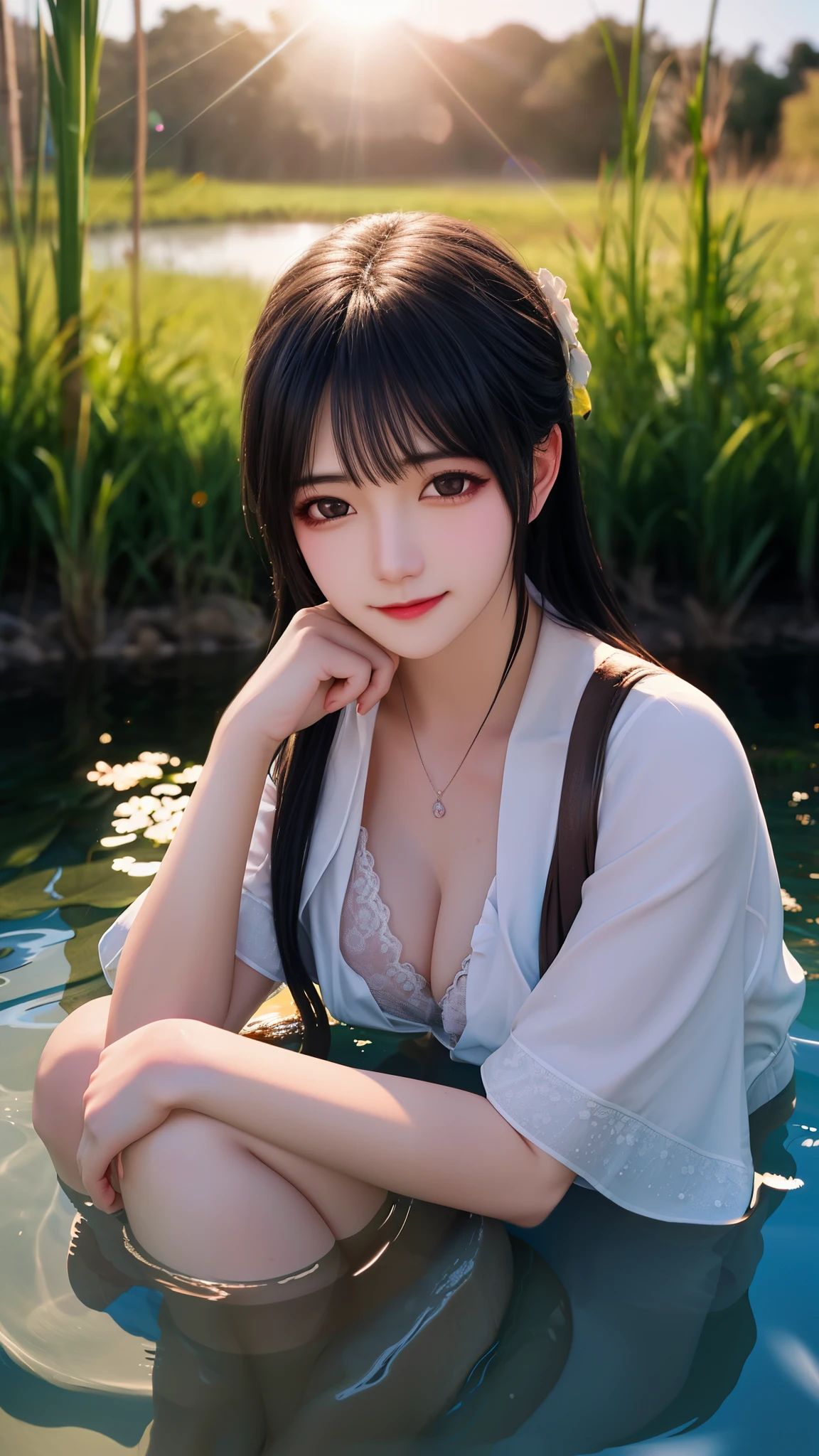 portrait of a cute woman big   (gldot) bathing in a river, reeds, (backlighting), realistic, masterpiece, highest quality, lens flare, shade, bloom, [[chromatic aberration]],