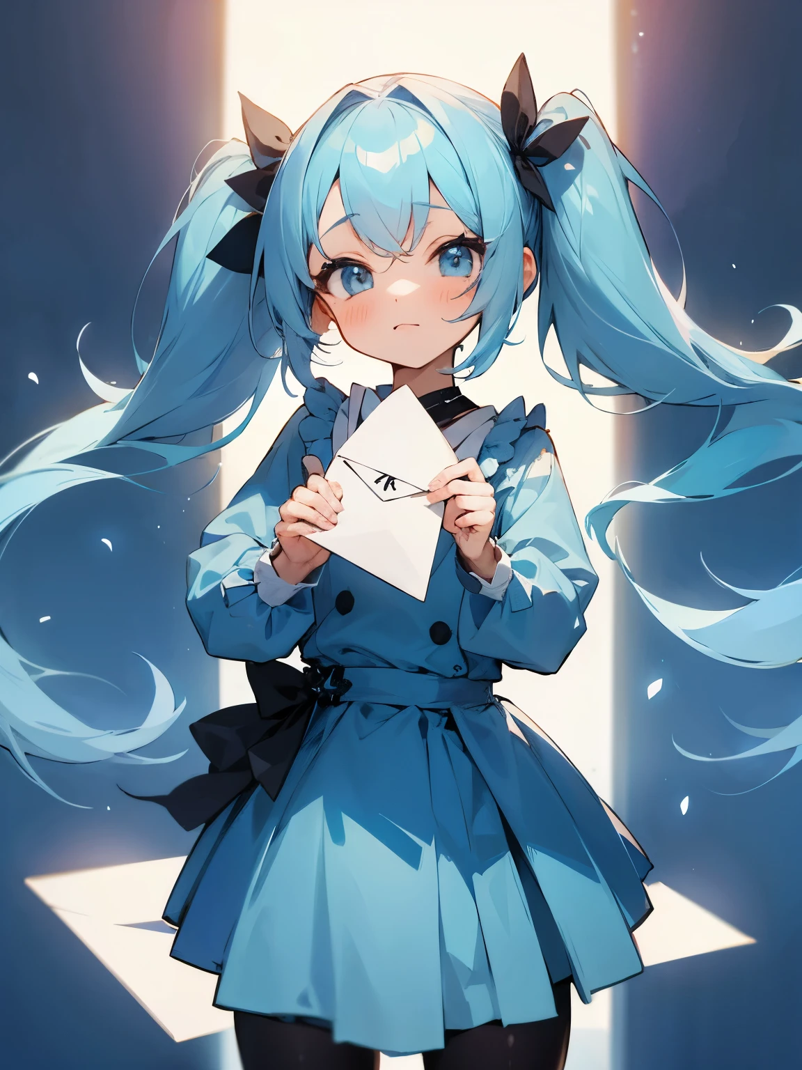 Cute girl with a letter, long twintails, light blue hair