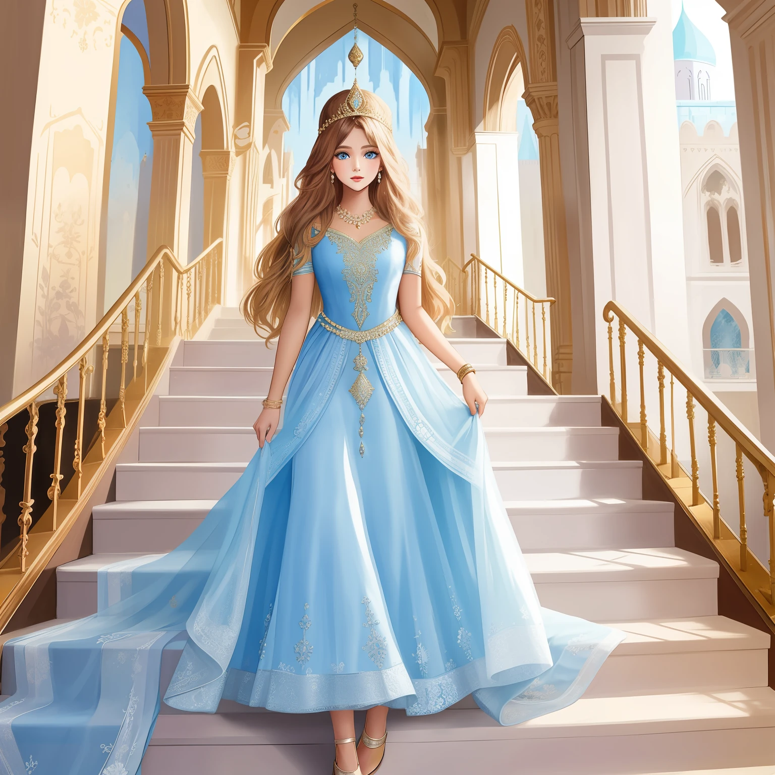 create and draw me a brown princess for with beautiful dress , she is in the beautiful castle , red carpet on the stairs, painting on the walls, beautiful face, blue eyes.